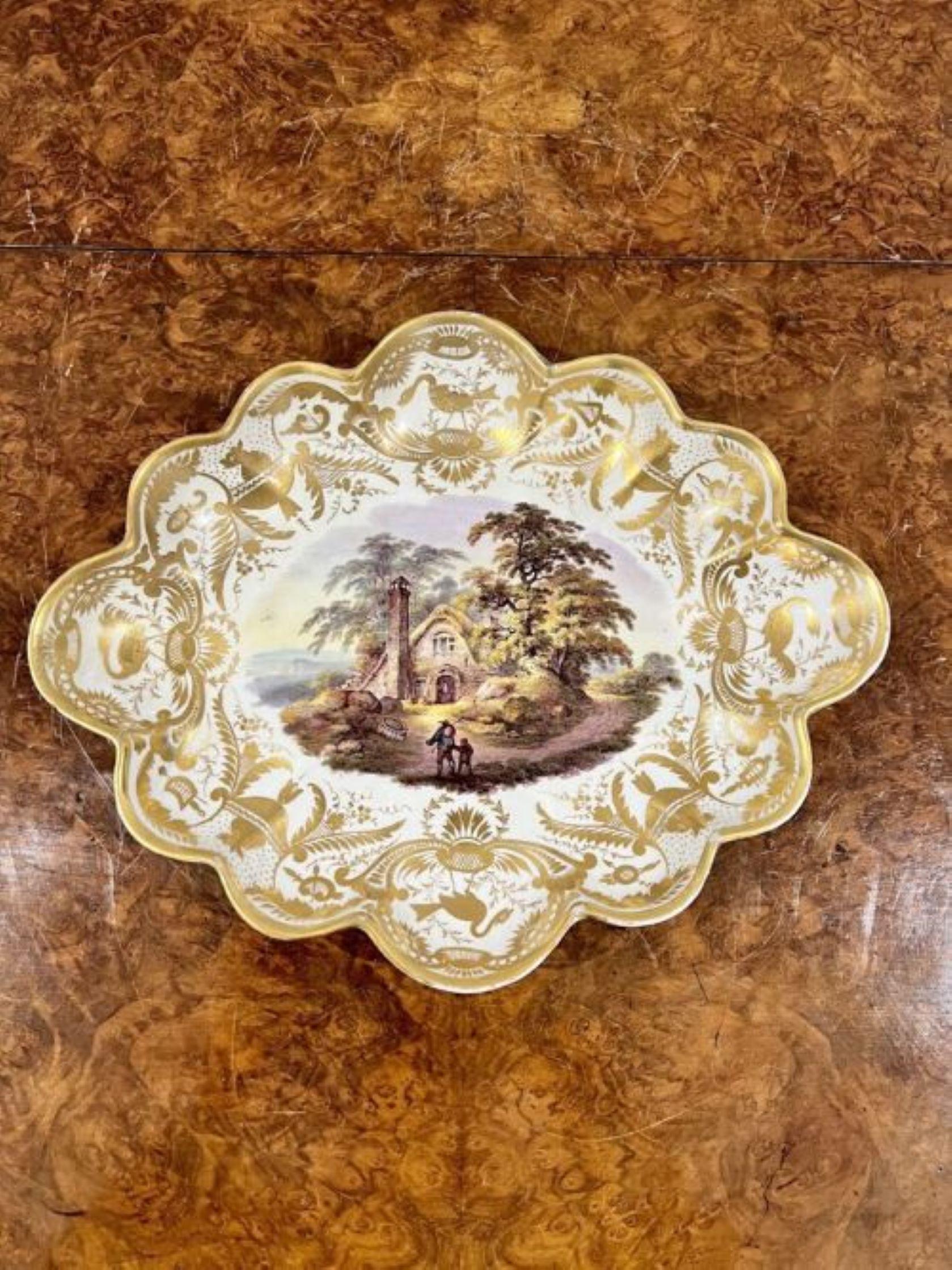 Quality antique Victorian Derby dish having a hand painted centre of a view of Sydenham within gilt borders decorated with panels with birds and insects with a wonderful shaped edge 