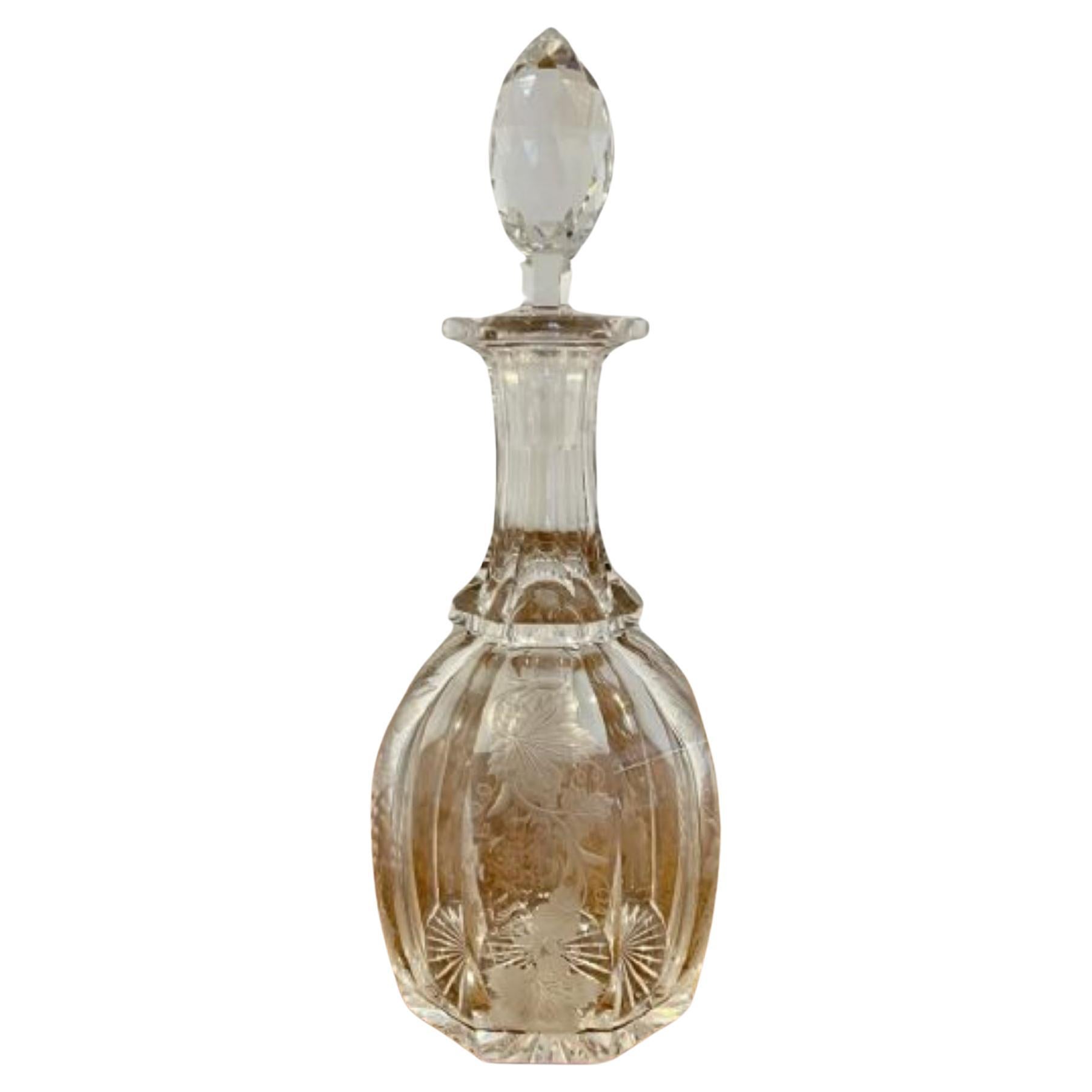 Quality antique Victorian engraved decorated glass decanter  For Sale