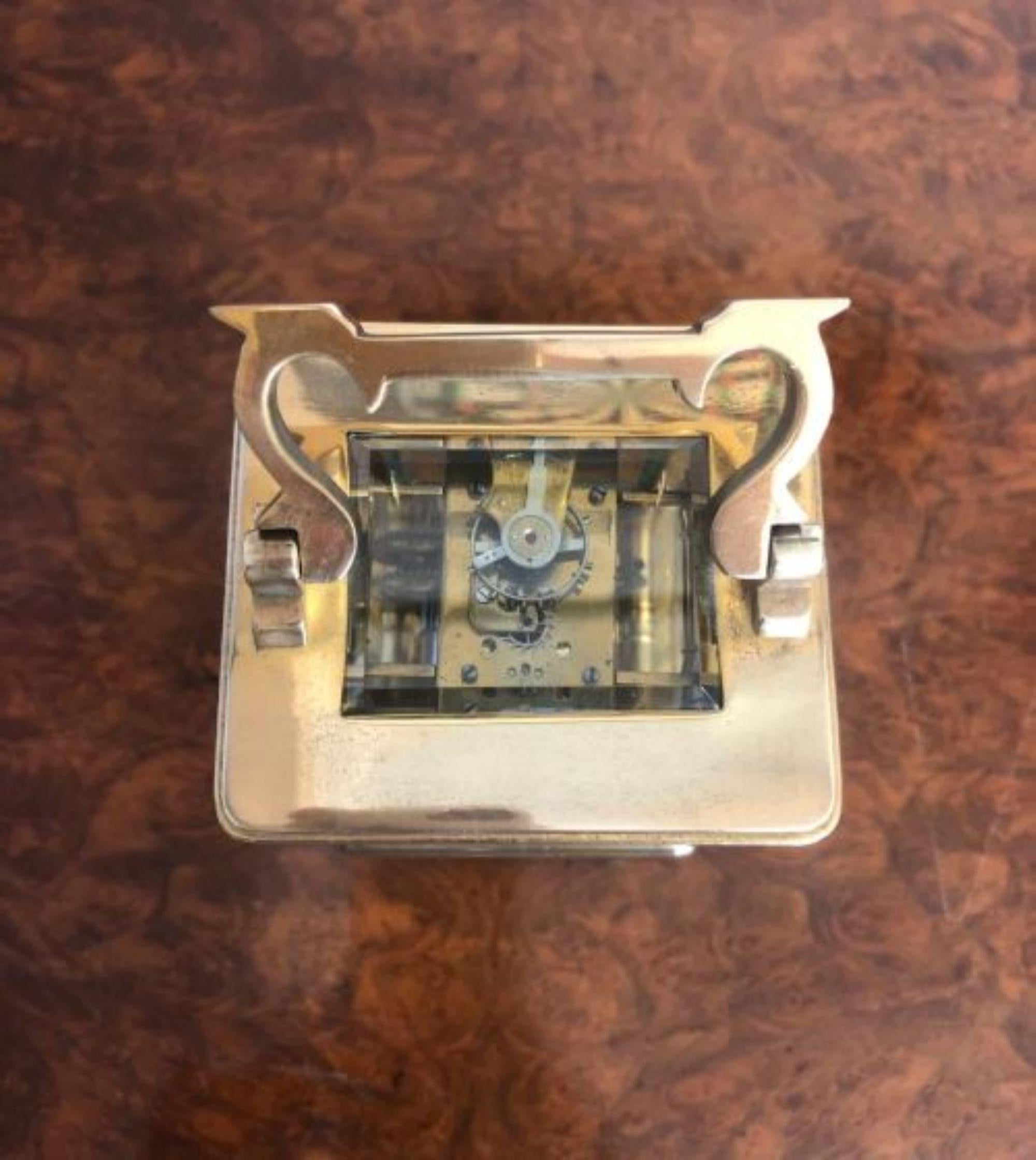 Quality antique Victorian French brass carriage clock having a quality brass & bevelled edge glass case with an 8 day French movement enamel white dial with original hands
Please note all of our clocks are serviced prior to delivery we do advise