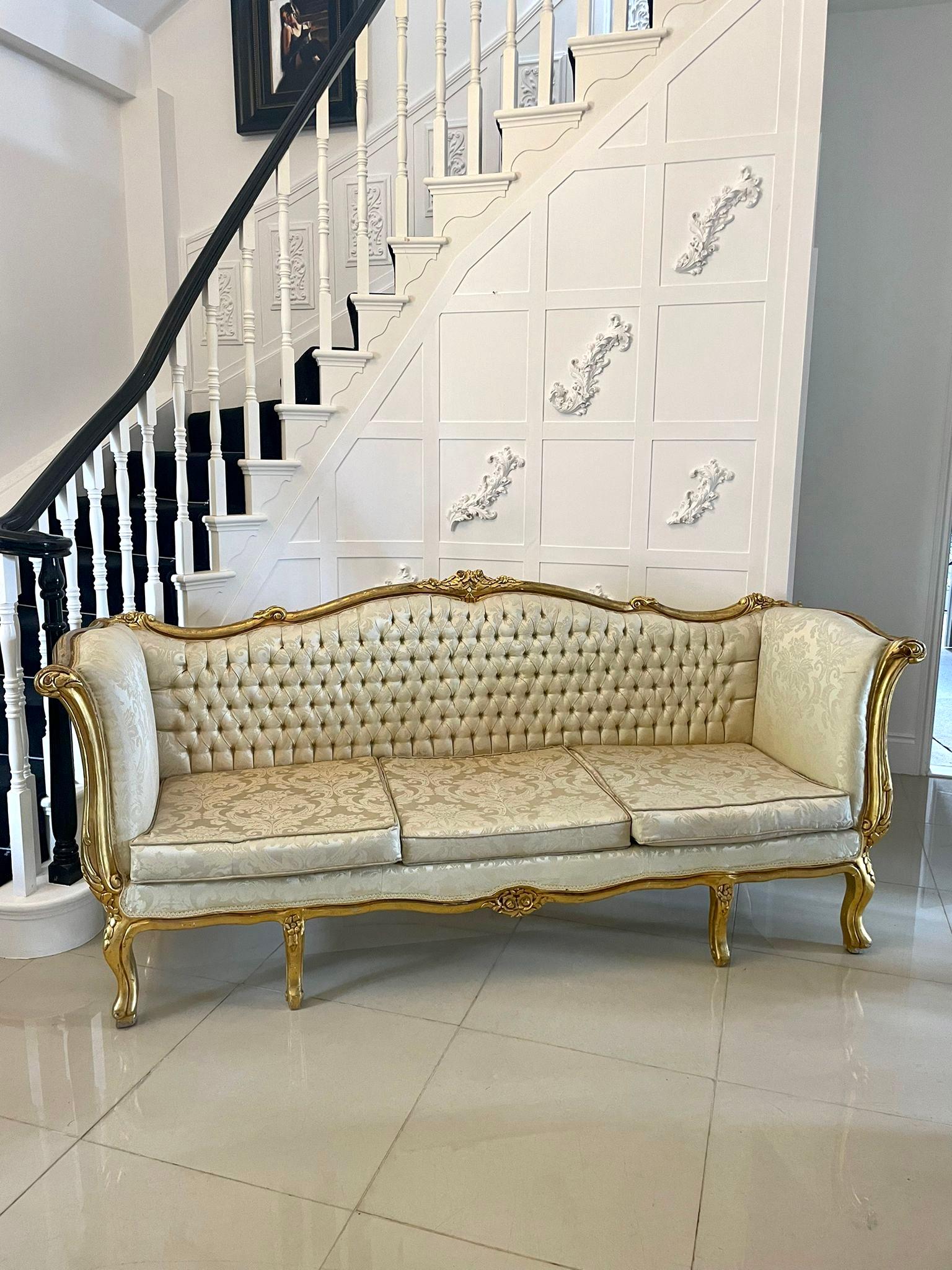 Quality antique Victorian large carved French gilded settee having a quality carved shaped top rail shaped carved gilded arms standing on 6 carved gilded shaped cabriole legs. 

H 101.5 x W 224.5 x D 71cm 
Seat height 43cm
Date 1860.
 