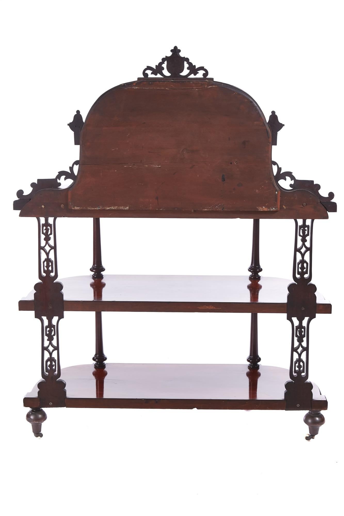 Quality antique Victorian mahogany carved mirror back whatnot having a lovely carved mahogany mirror back, quality mahogany top supported by 4 turned columns, 4 fret work supports, 2 mahogany shelves standing on turned mahogany feet with original