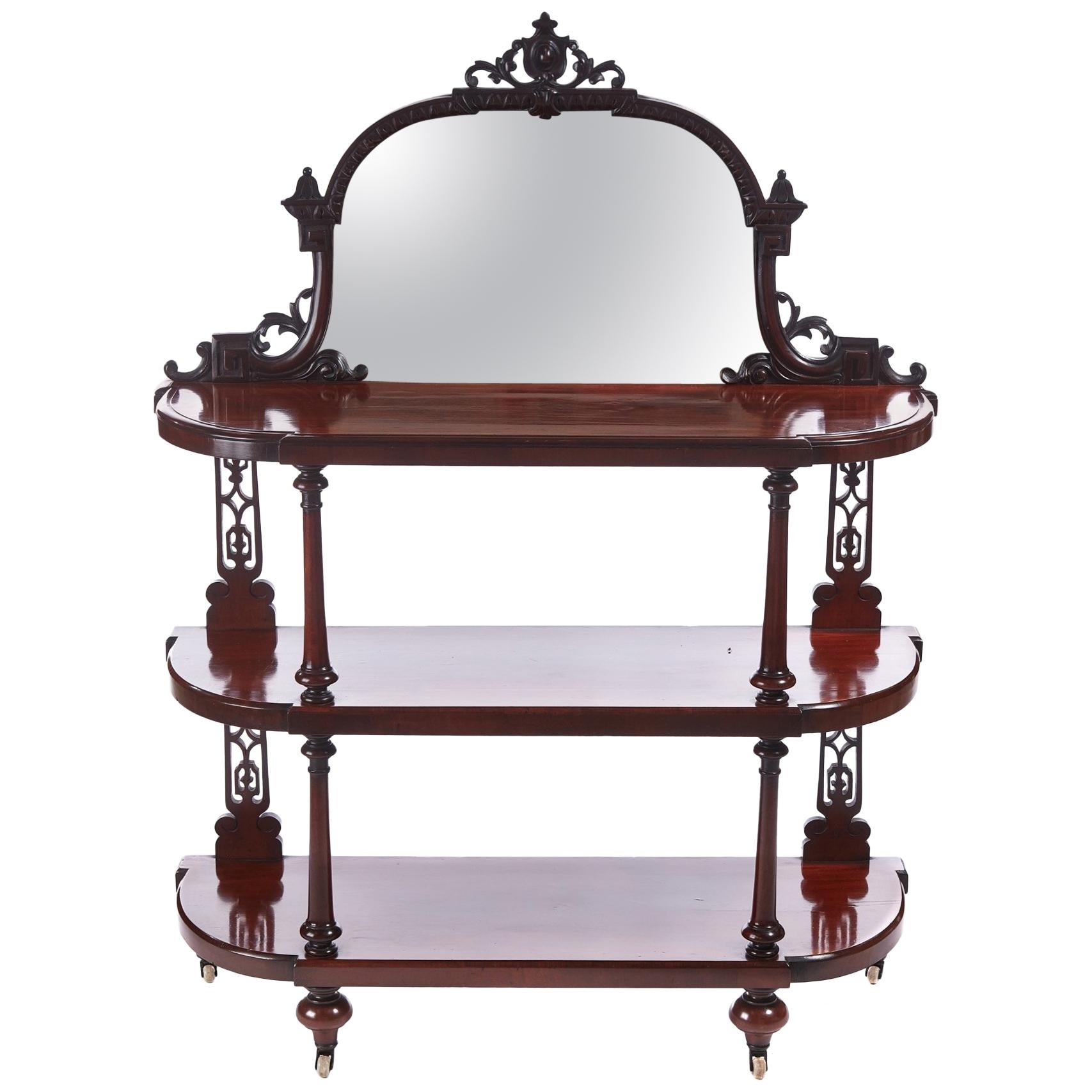 Quality Antique Victorian Mahogany Carved Mirror Back Whatnot For Sale