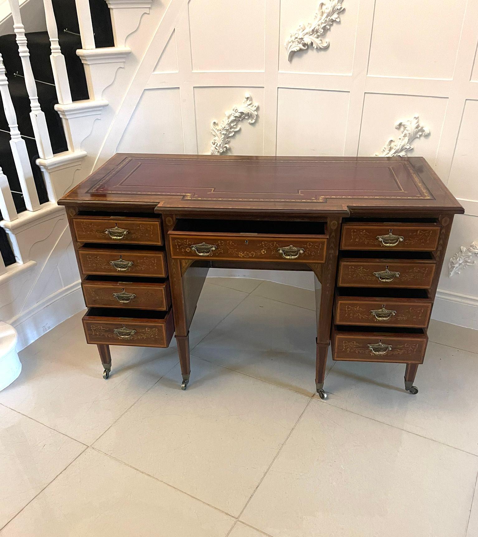 English Quality Antique Victorian Mahogany Inlaid Kneehole Desk by Edwards and Roberts For Sale