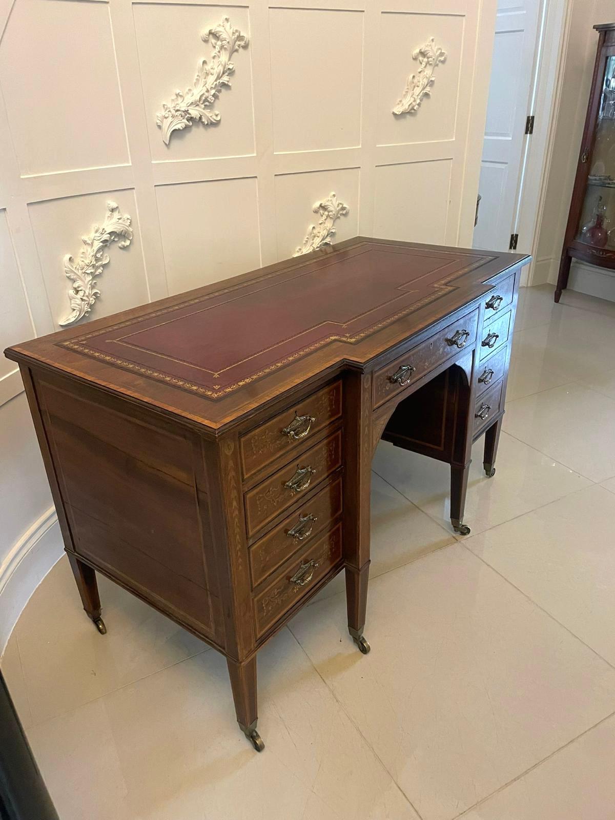 Inlay Quality Antique Victorian Mahogany Inlaid Kneehole Desk by Edwards and Roberts For Sale