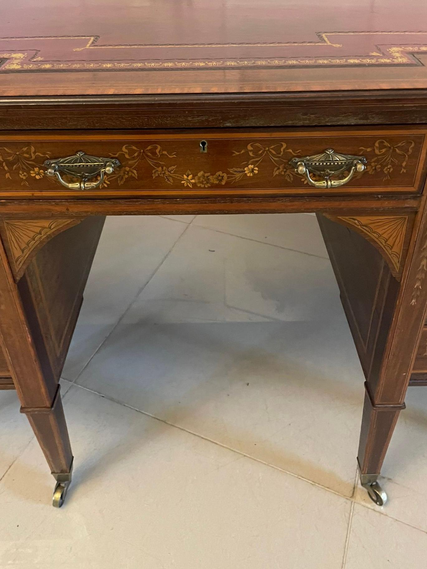 Quality Antique Victorian Mahogany Inlaid Kneehole Desk by Edwards and Roberts For Sale 1