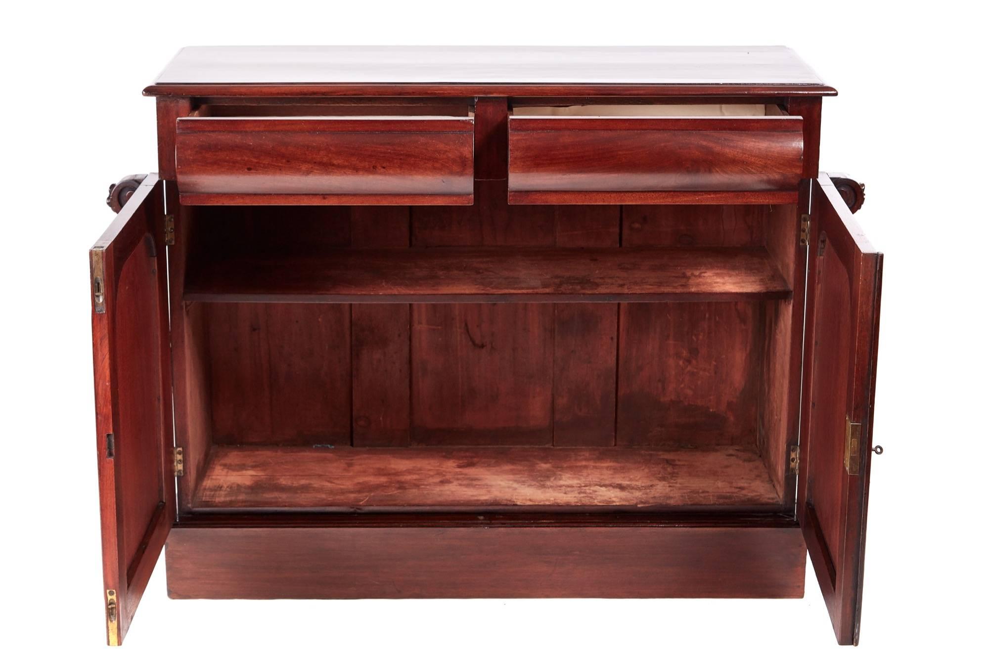 Quality antique Victorian mahogany sideboard, with a lovely mahogany top, two shaped frieze drawers, two flame mahogany doors, lovely carved corbels each side, one shelf interior, standing on a plinth base
Lovely colour and condition.