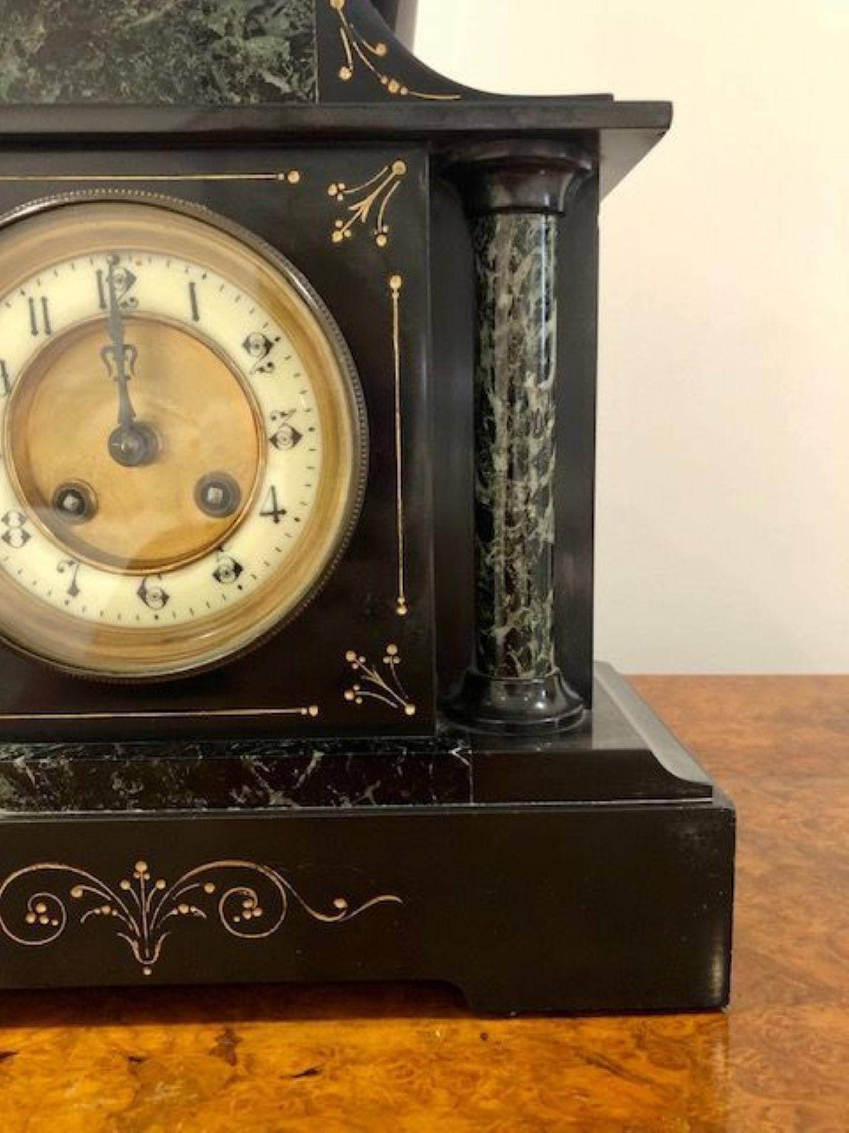Quality antique Victorian marble mantle clock with Arabic numerals on a cream chapter ring, Brass detail surrounding, with a 8 day French movement striking on the hour and half hour on a gong with the original hands and key
Please note all of our