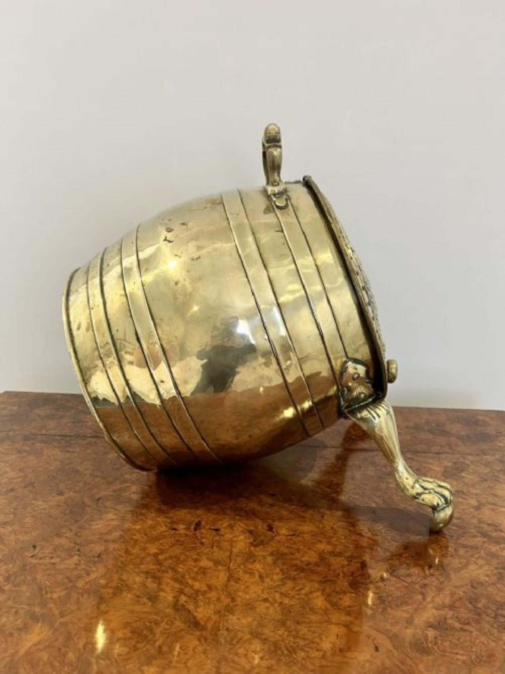 Brass Quality antique Victorian ornate brass coal bucket of a barrel shape For Sale
