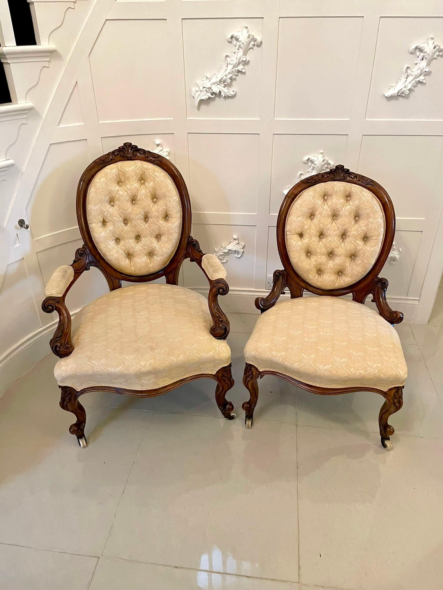 Quality Antique Victorian Pair of Walnut Framed Ladies and Gentlemens Chairs 14