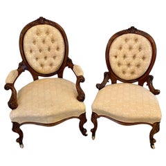 Quality Antique Victorian Pair of Walnut Framed Ladies and Gentlemens Chairs