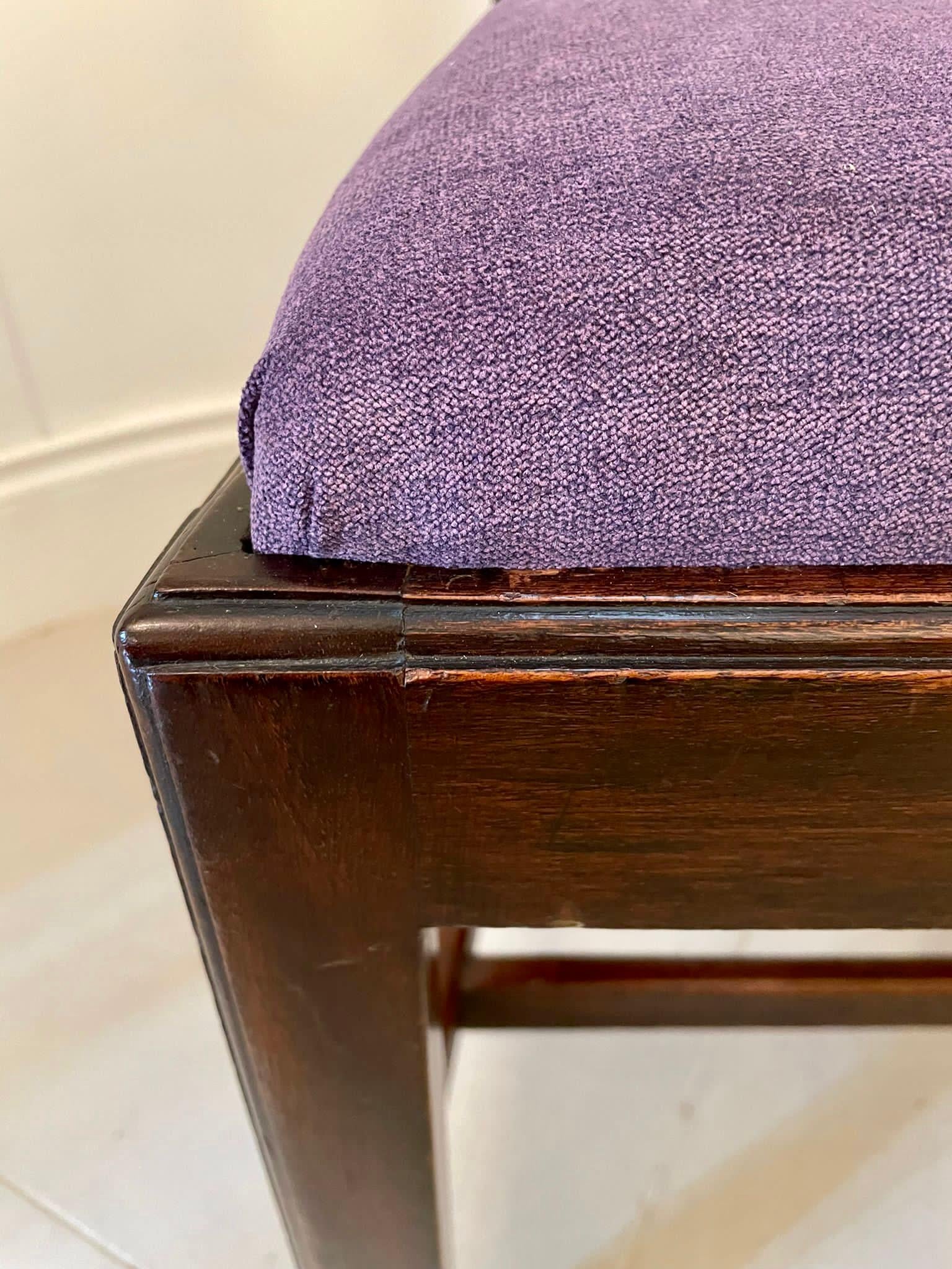 Quality antique Victorian set of four carved mahogany dining chairs having a quality carved mahogany shaped top rail, carved and pierced open splat to the centre of the back, newly reupholstered drop in seat in a quality stylish fabric, mahogany
