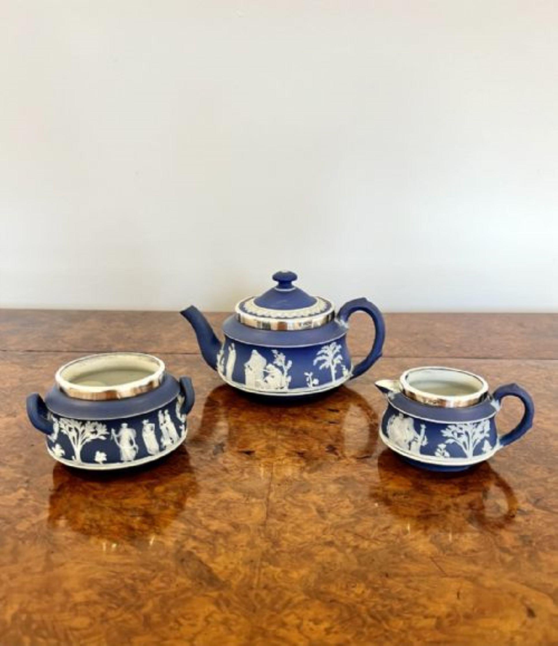 19th Century Quality antique Victorian silver mounted three piece Jasperware Wedgwood tea set For Sale