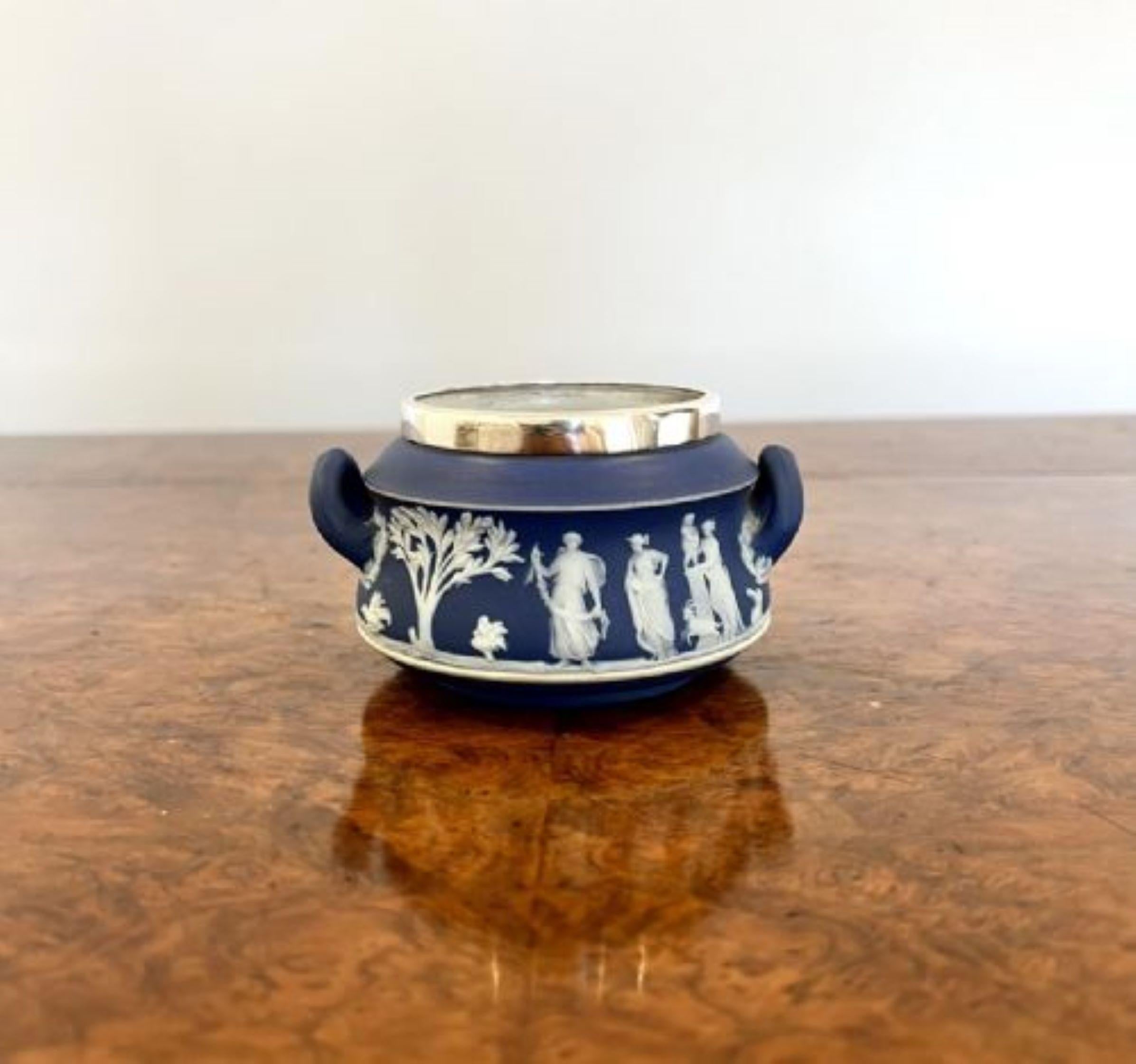 Ceramic Quality antique Victorian silver mounted three piece Jasperware Wedgwood tea set For Sale