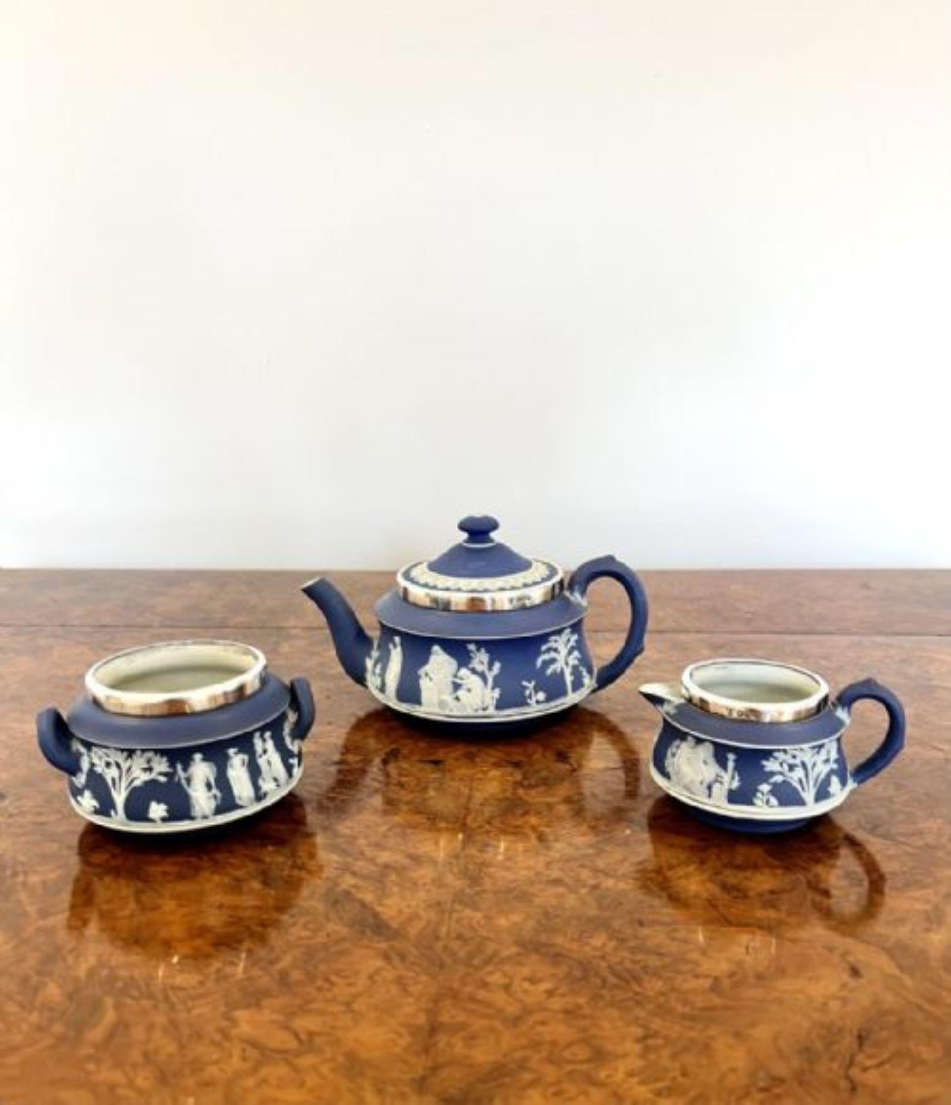 Quality antique Victorian silver mounted three piece Jasperware Wedgwood tea set For Sale 2