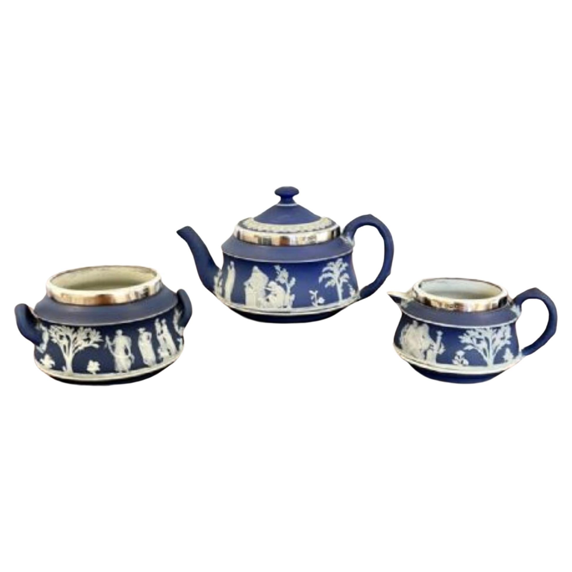 Quality antique Victorian silver mounted three piece Jasperware Wedgwood tea set For Sale