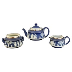Quality Antique Victorian silver mounted three piece Jasperware Wedgwood tea set