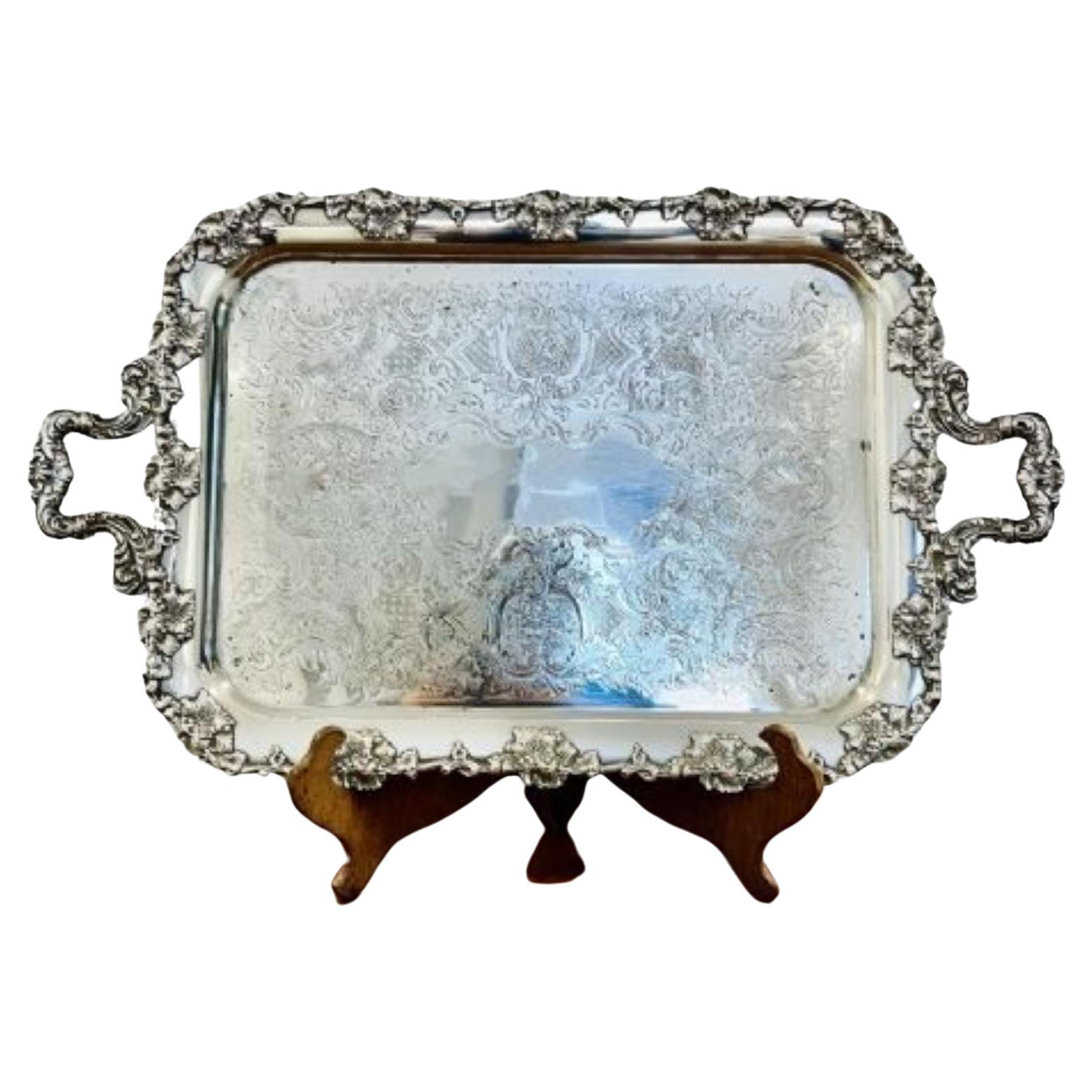 Quality antique Victorian silver plated ornate serving tray For Sale