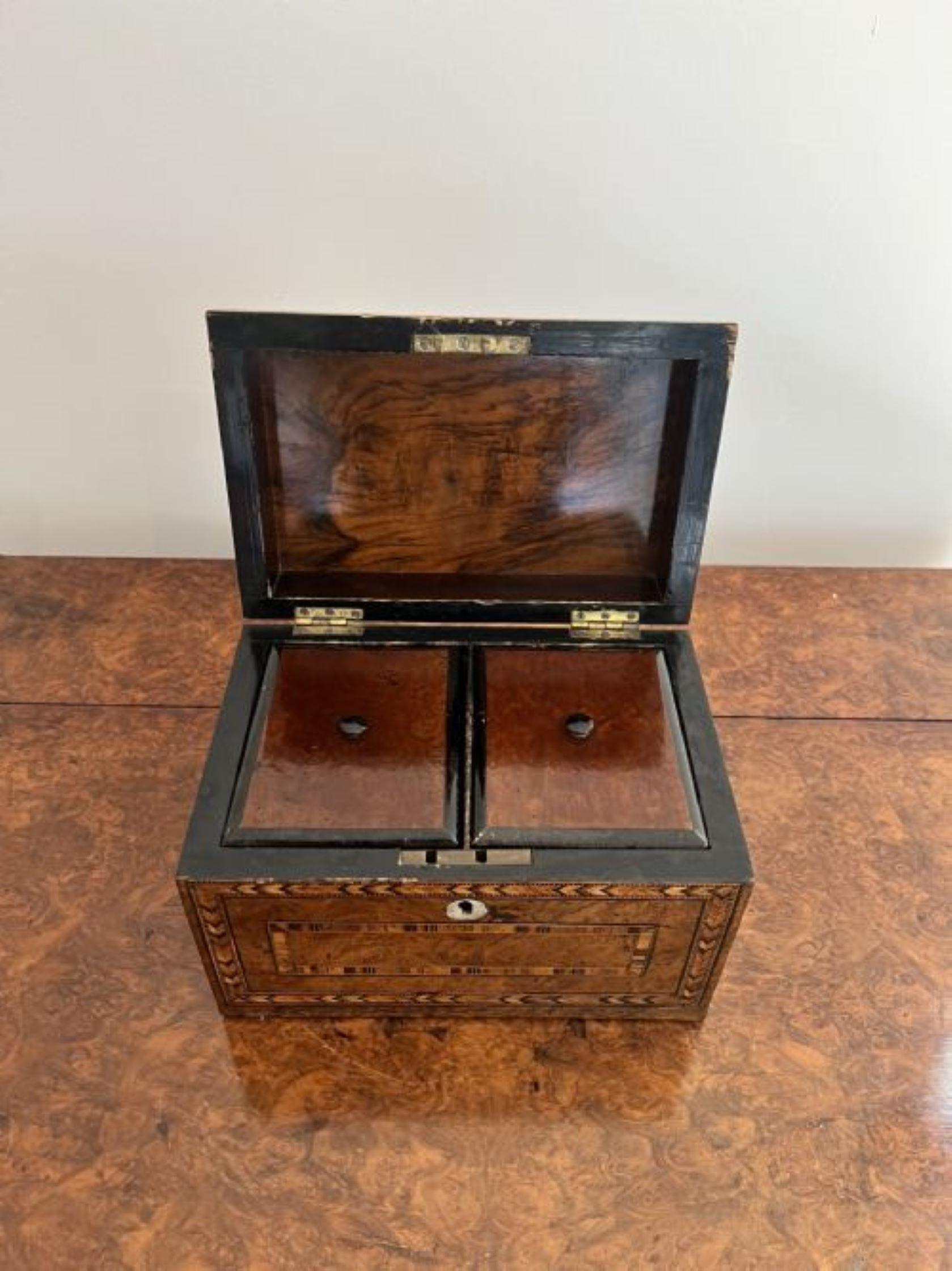 Quality antique Victorian tunbridge ware inlaid tea caddy having a lovely antique Victorian tunbridge ware inlaid tea caddy with beautiful detail to the box opening to reveal two receptacles for tea. 