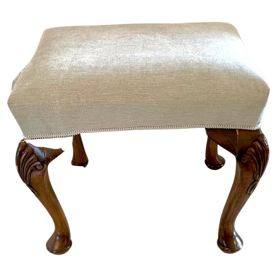 Quality antique Victorian walnut stool having a newly reupholstered seat in a quality fabric standing on shaped carved walnut cabriole legs with pad feet.

We are able to offer a re-upholstery service on this item at a reasonable cost. We stock a