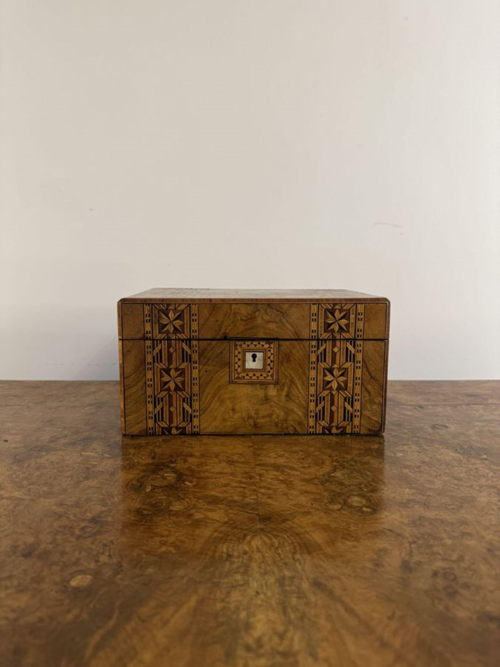Quality antique Victorian walnut tunbridge ware inlaid sewing box, having beautiful inlaid detail to the box with a lift up lid opening to reveal an interior tray above a storage compartment. 

D. 1880