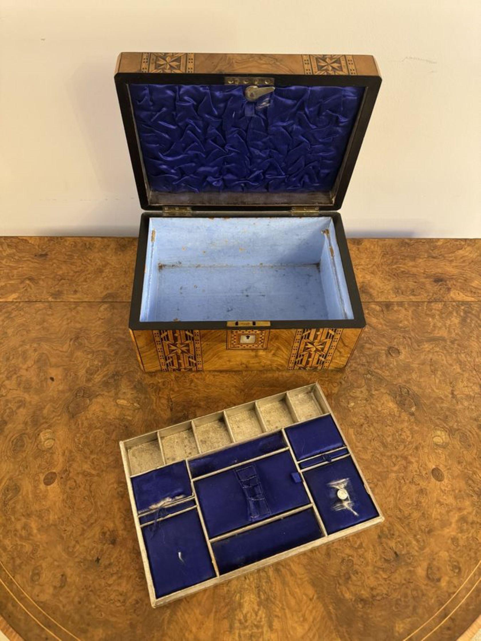 19th Century Quality antique Victorian walnut tunbridge ware inlaid sewing box  For Sale