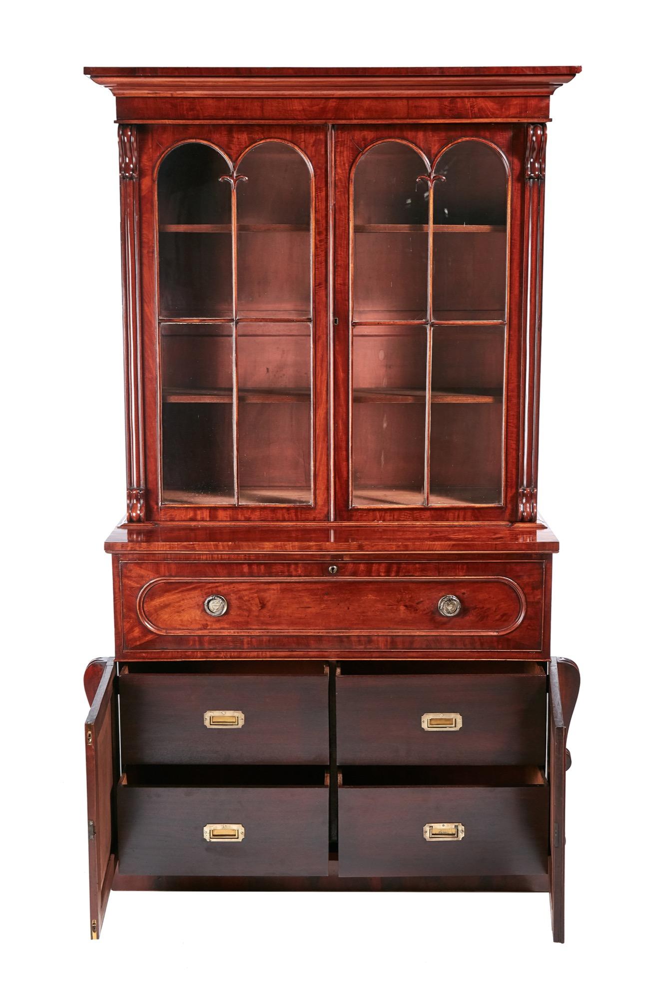 English Quality Antique William IV Mahogany Secretaire Bookcase