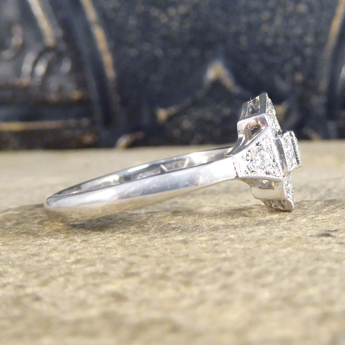 Brilliant Cut Quality Art Deco Replica Diamond Plaque Ring in 18 Carat White Gold For Sale