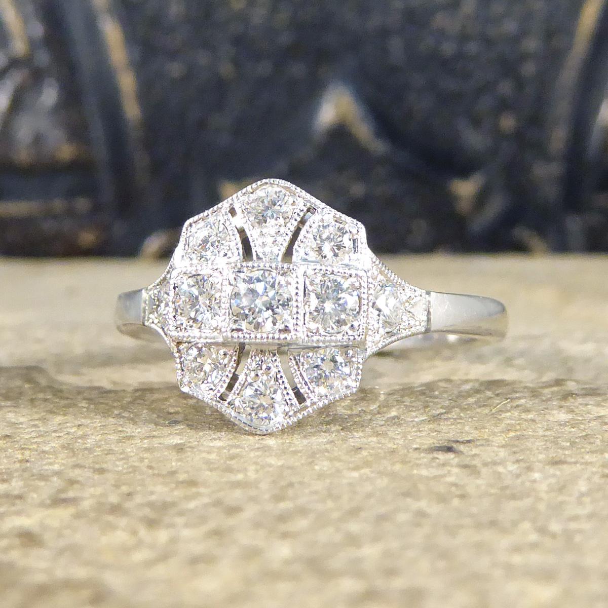 Women's Quality Art Deco Replica Diamond Plaque Ring in 18 Carat White Gold For Sale