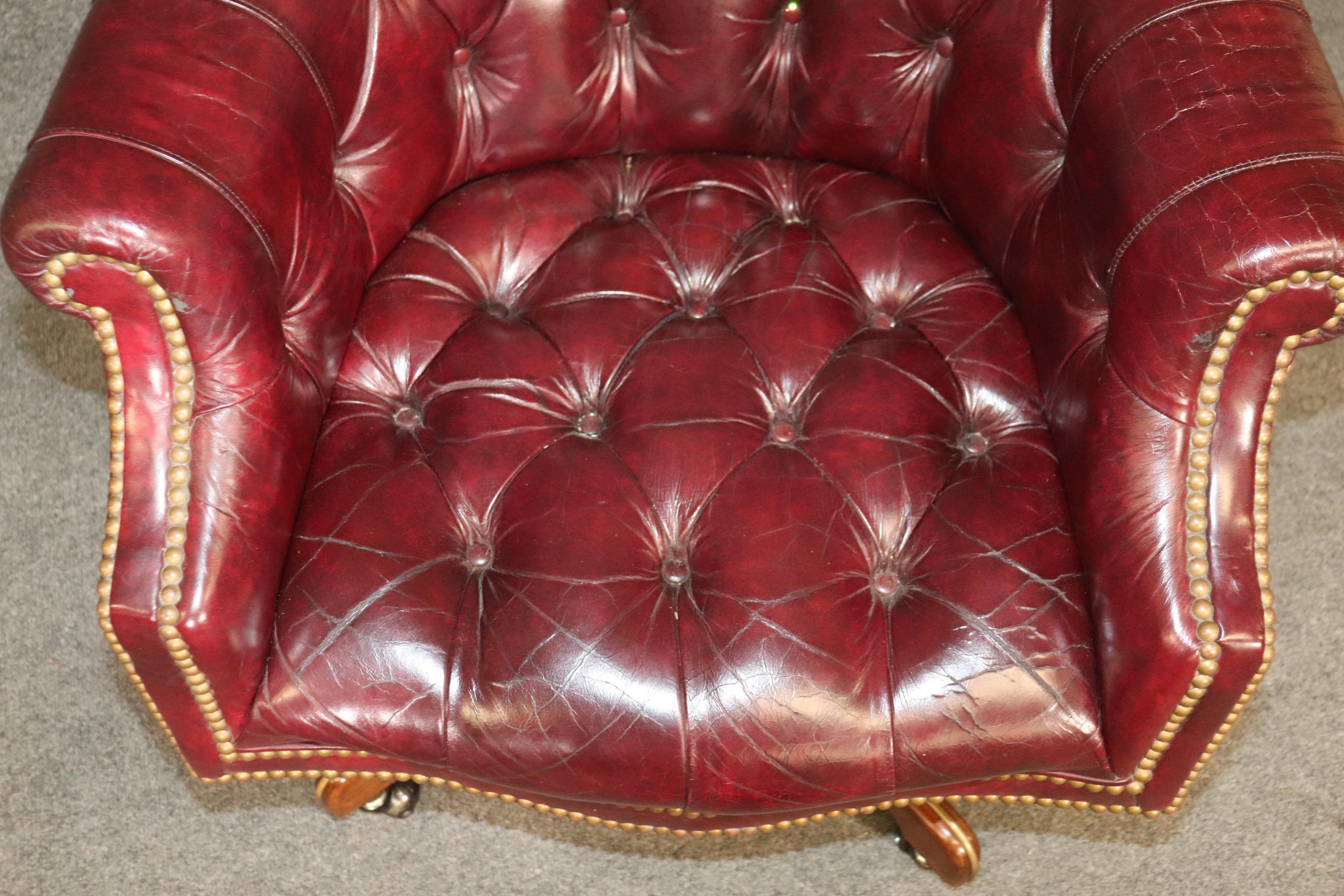 Quality Burgundy Leather Chesterfield Style Office Swivel Chair Brass Nailheads 2