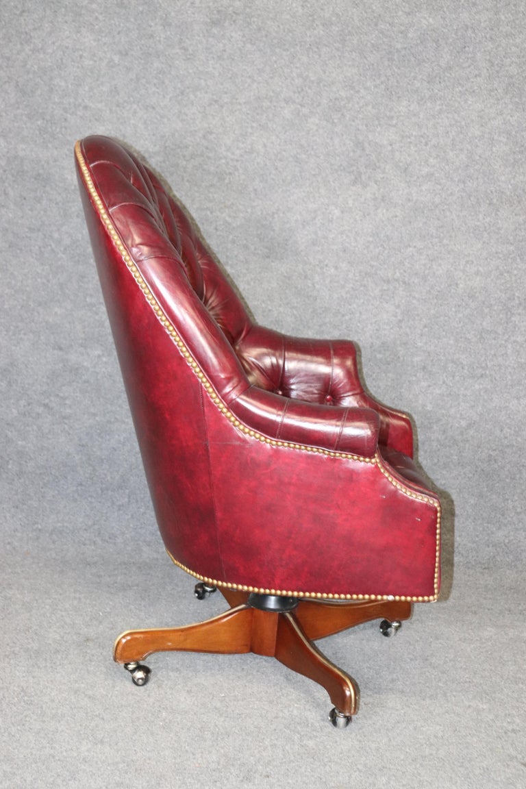 Quality Burgundy Leather Chesterfield Style Office Swivel Chair Brass