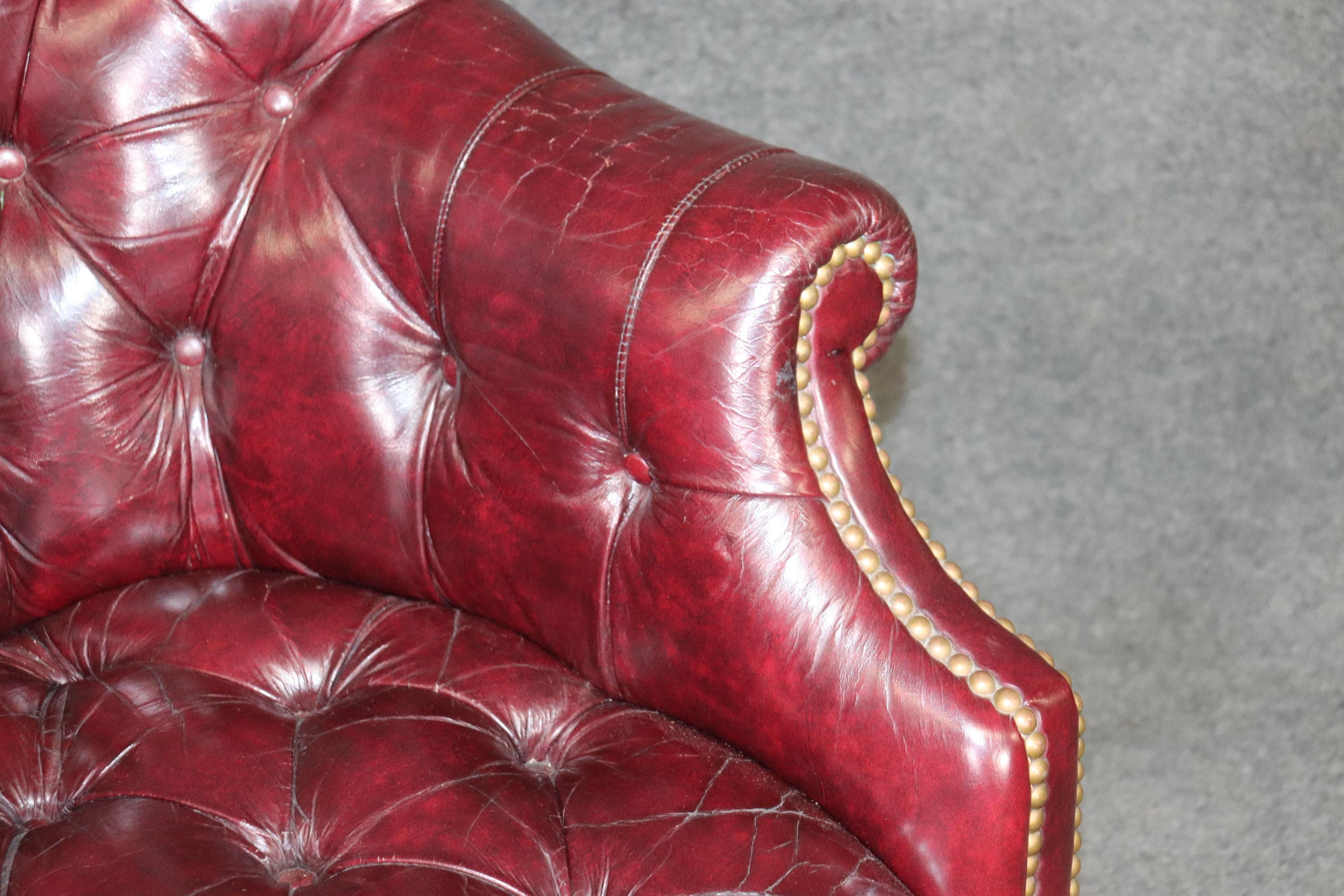 Unknown Quality Burgundy Leather Chesterfield Style Office Swivel Chair Brass Nailheads