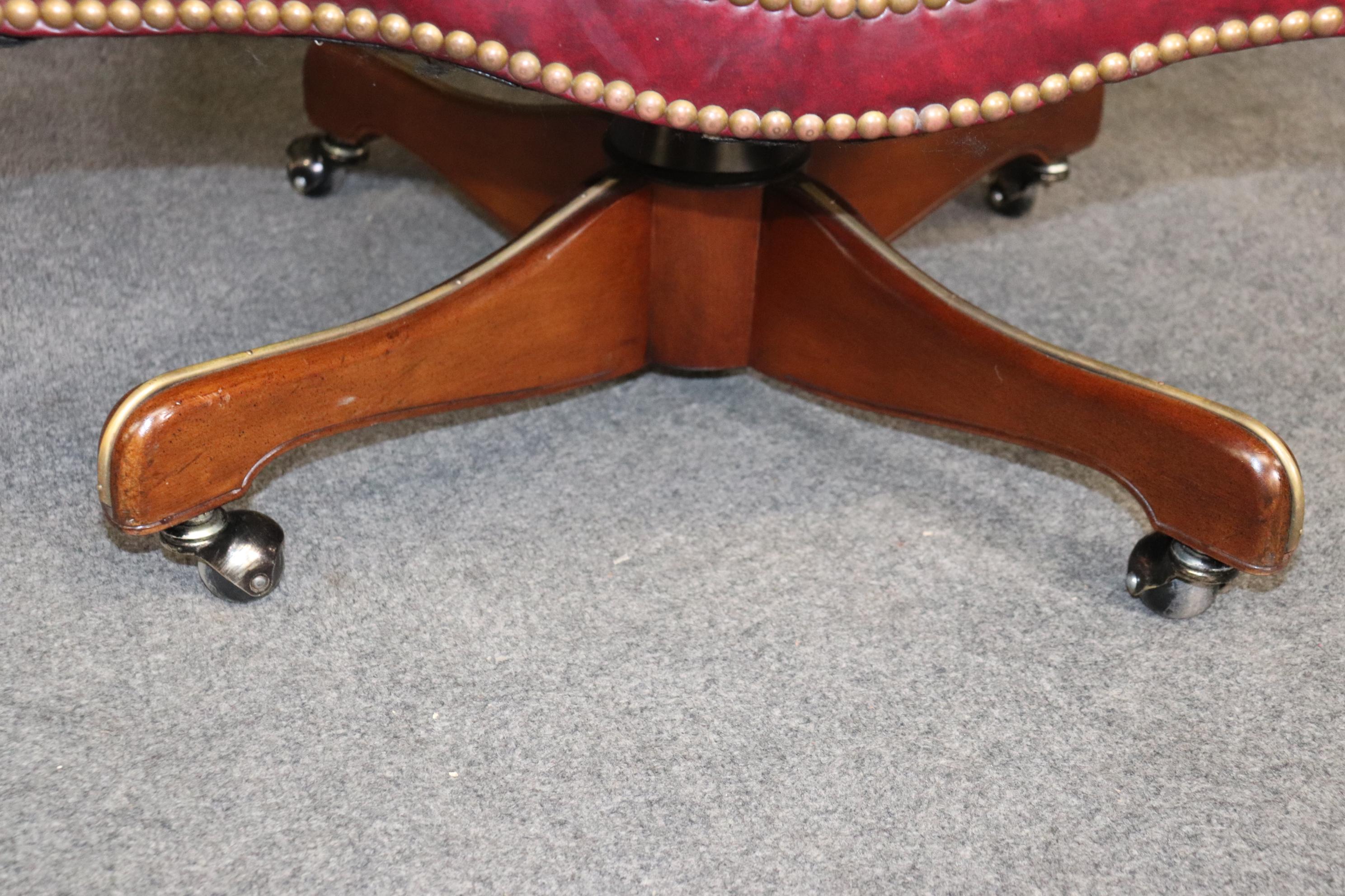 Late 20th Century Quality Burgundy Leather Chesterfield Style Office Swivel Chair Brass Nailheads