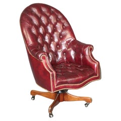 Quality Burgundy Leather Chesterfield Style Office Swivel Chair Brass Nailheads