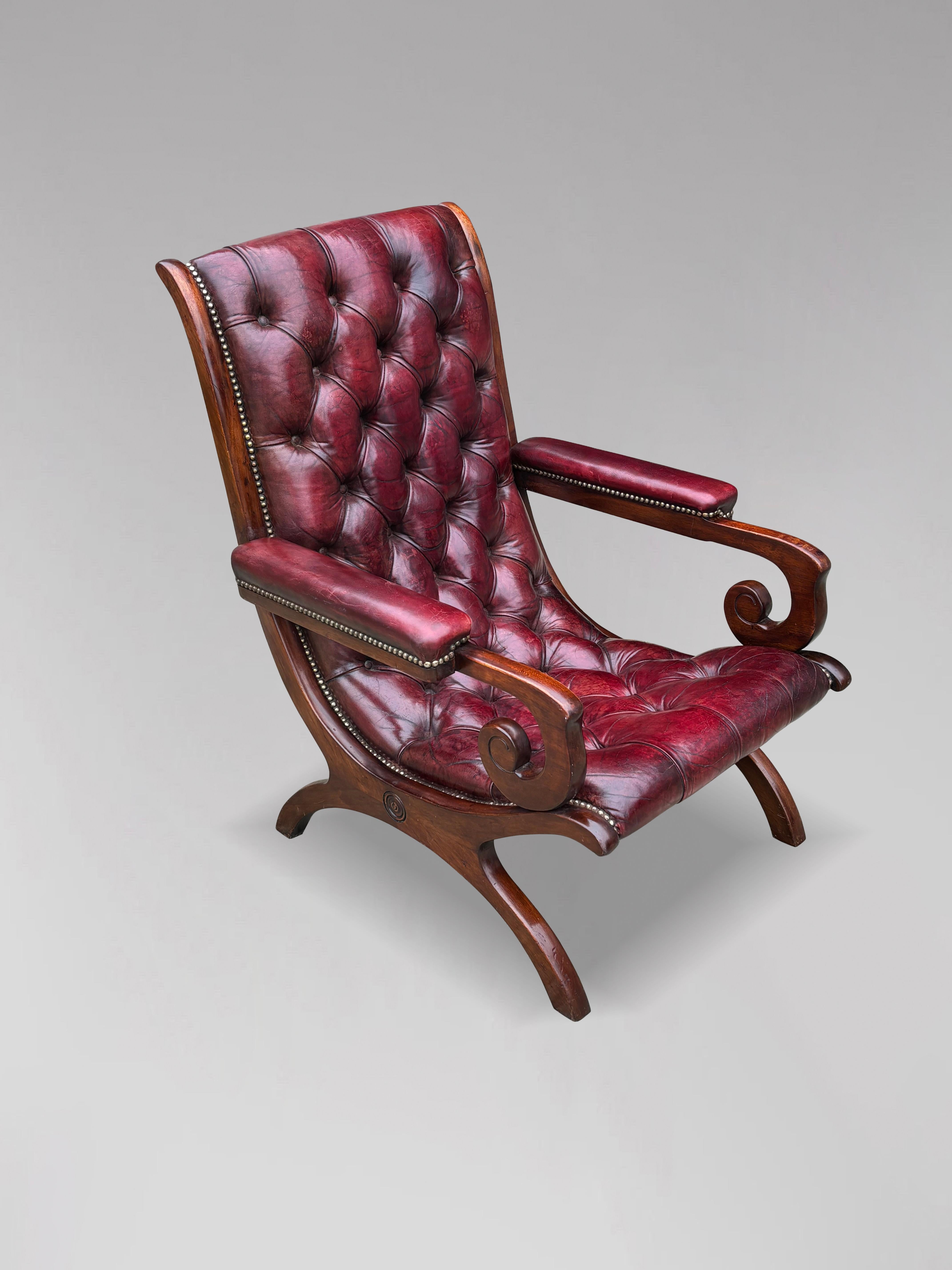 Quality Burgundy Red Leather Chesterfield Slipper Armchair In Good Condition For Sale In Petworth,West Sussex, GB