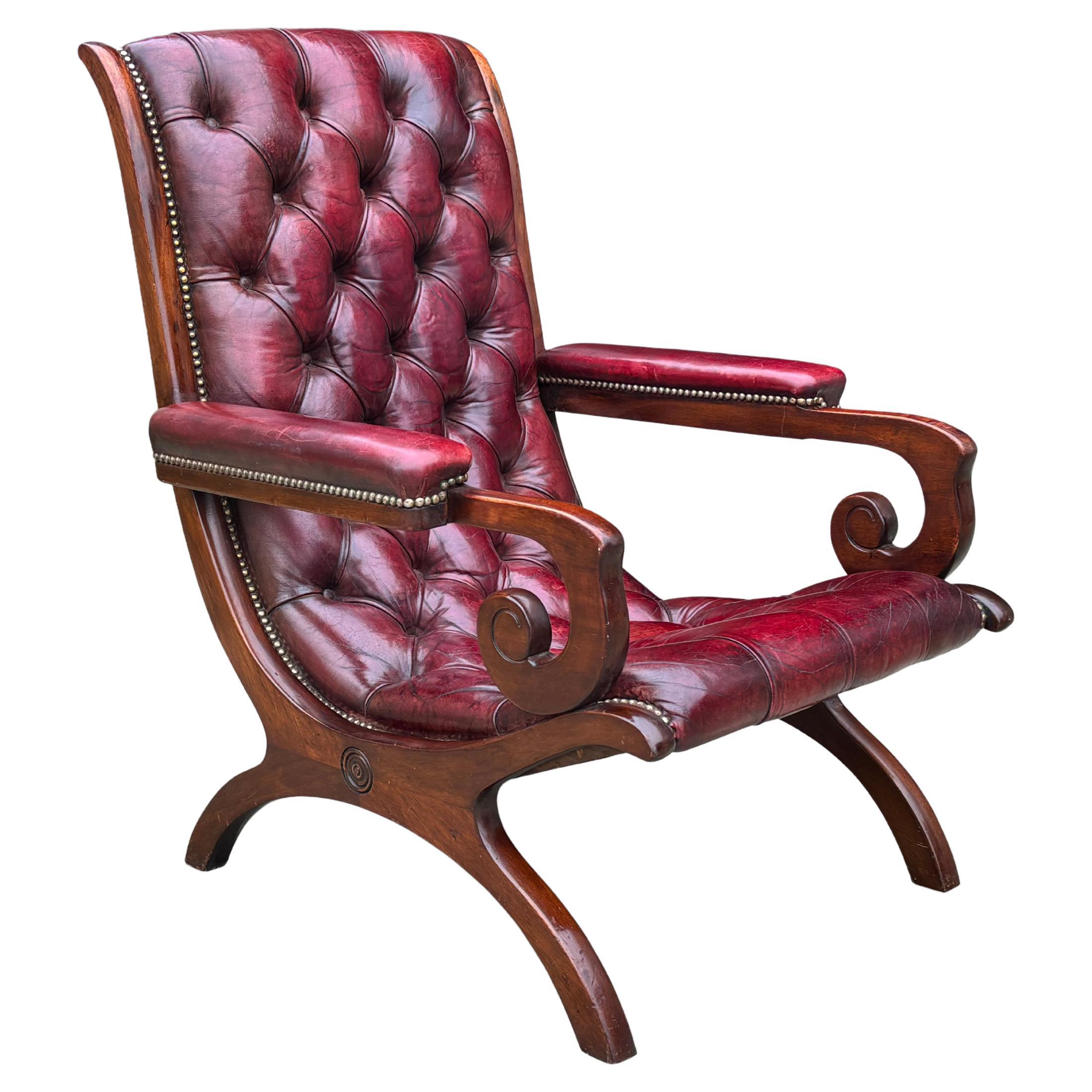 Quality Burgundy Red Leather Chesterfield Slipper Armchair For Sale