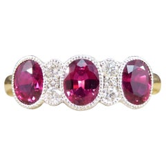 Quality Burma Ruby Three Stone Ring with Diamond Spacers in 18ct Gold