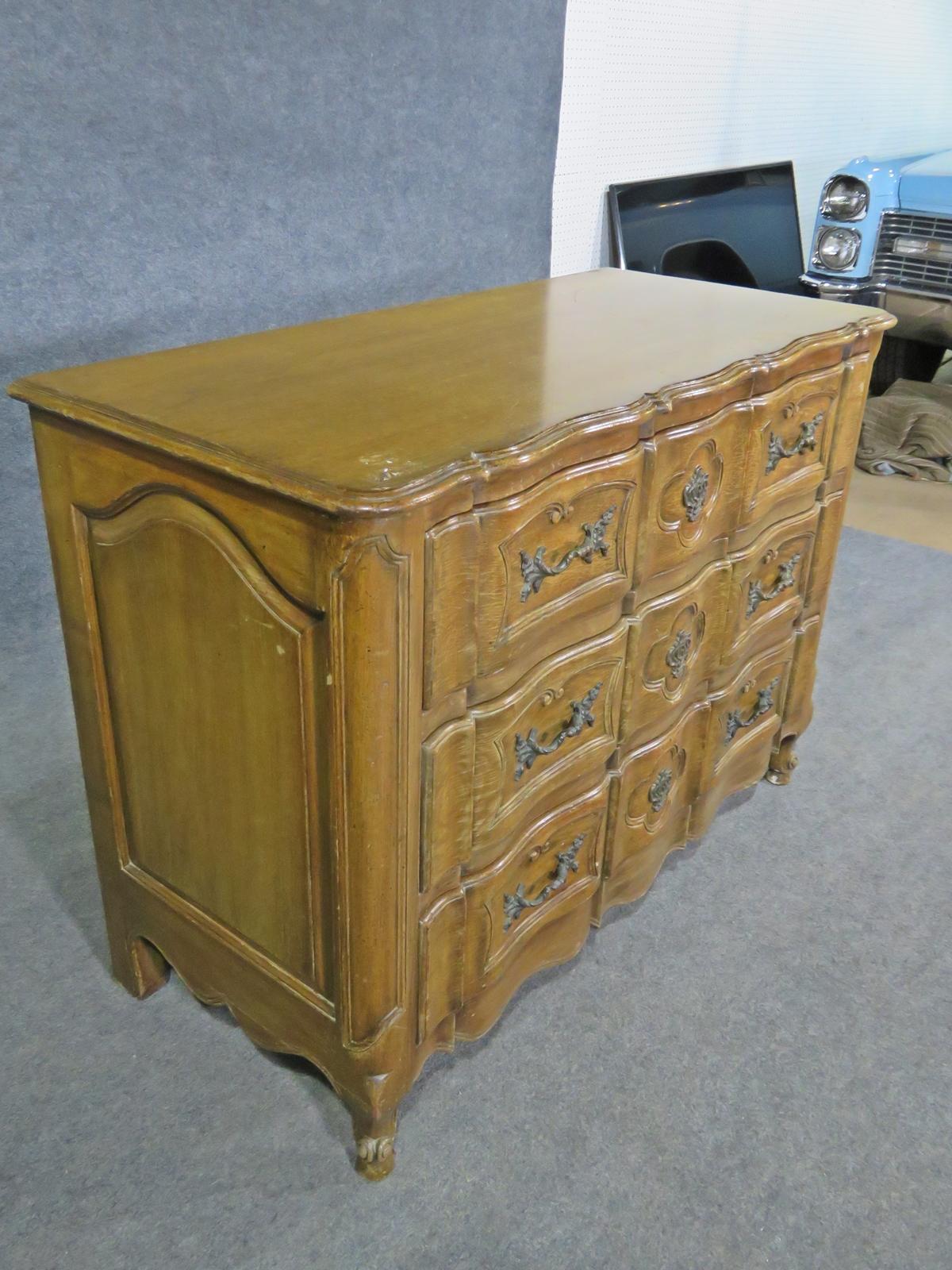 French Provincial Quality Carved Walnut Romweber French Country Dresser Commode, Circa 1950