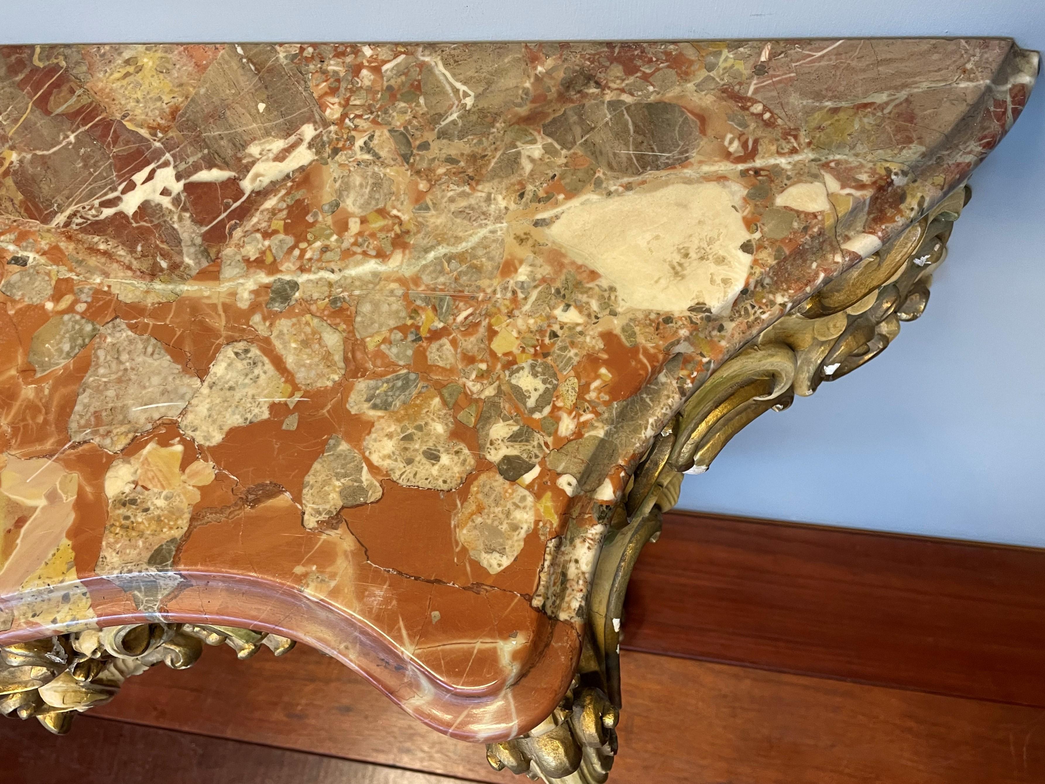 Quality Carved Wooden Side Table w. Painted Floral Sculptures & Mint Marble Top For Sale 4