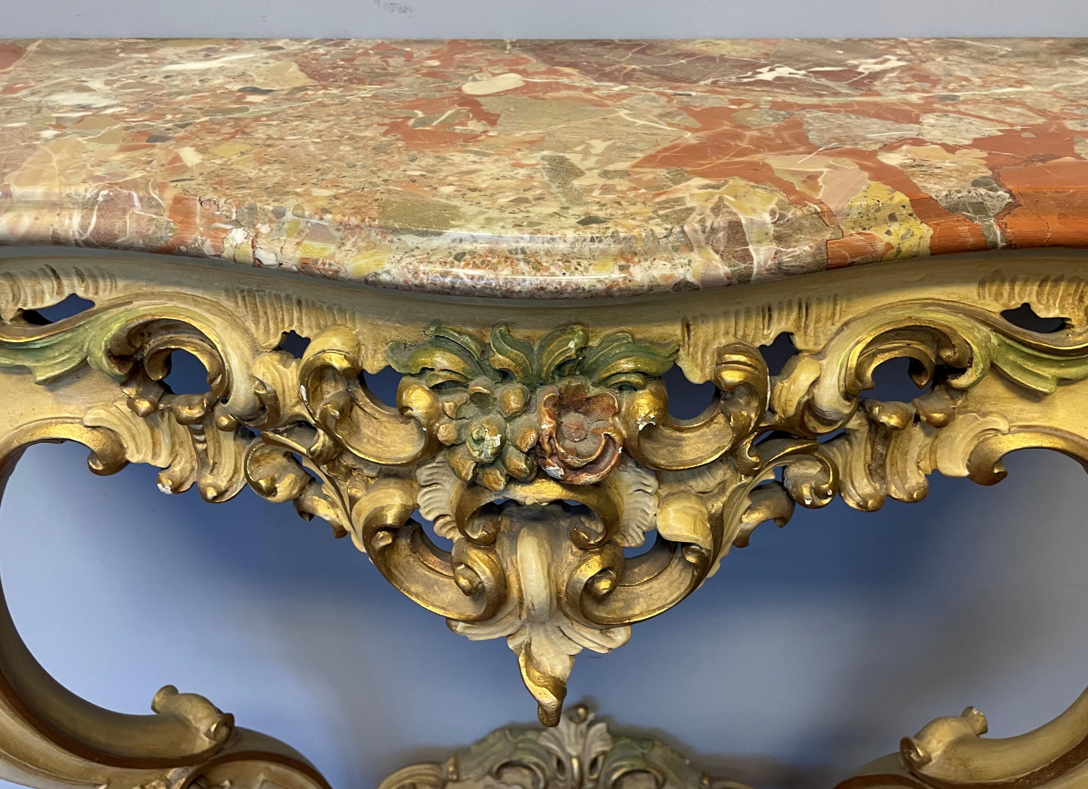 Quality Carved Wooden Side Table w. Painted Floral Sculptures & Mint Marble Top For Sale 7