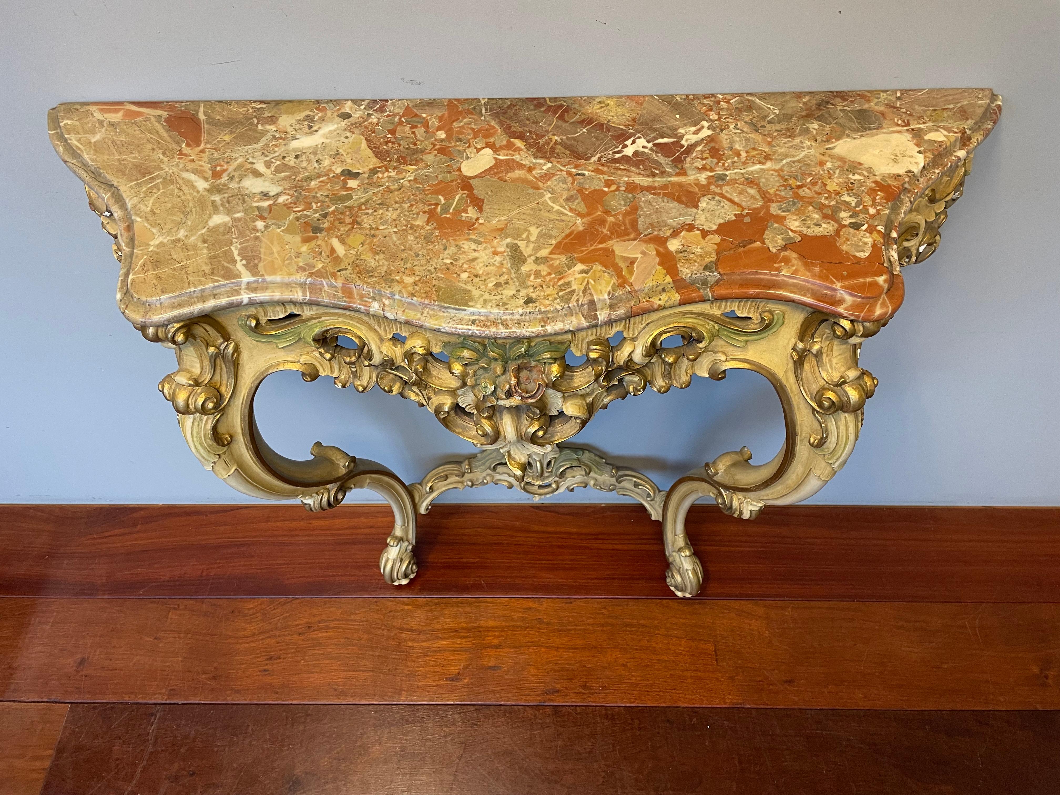 Rococo Revival Quality Carved Wooden Side Table w. Painted Floral Sculptures & Mint Marble Top For Sale