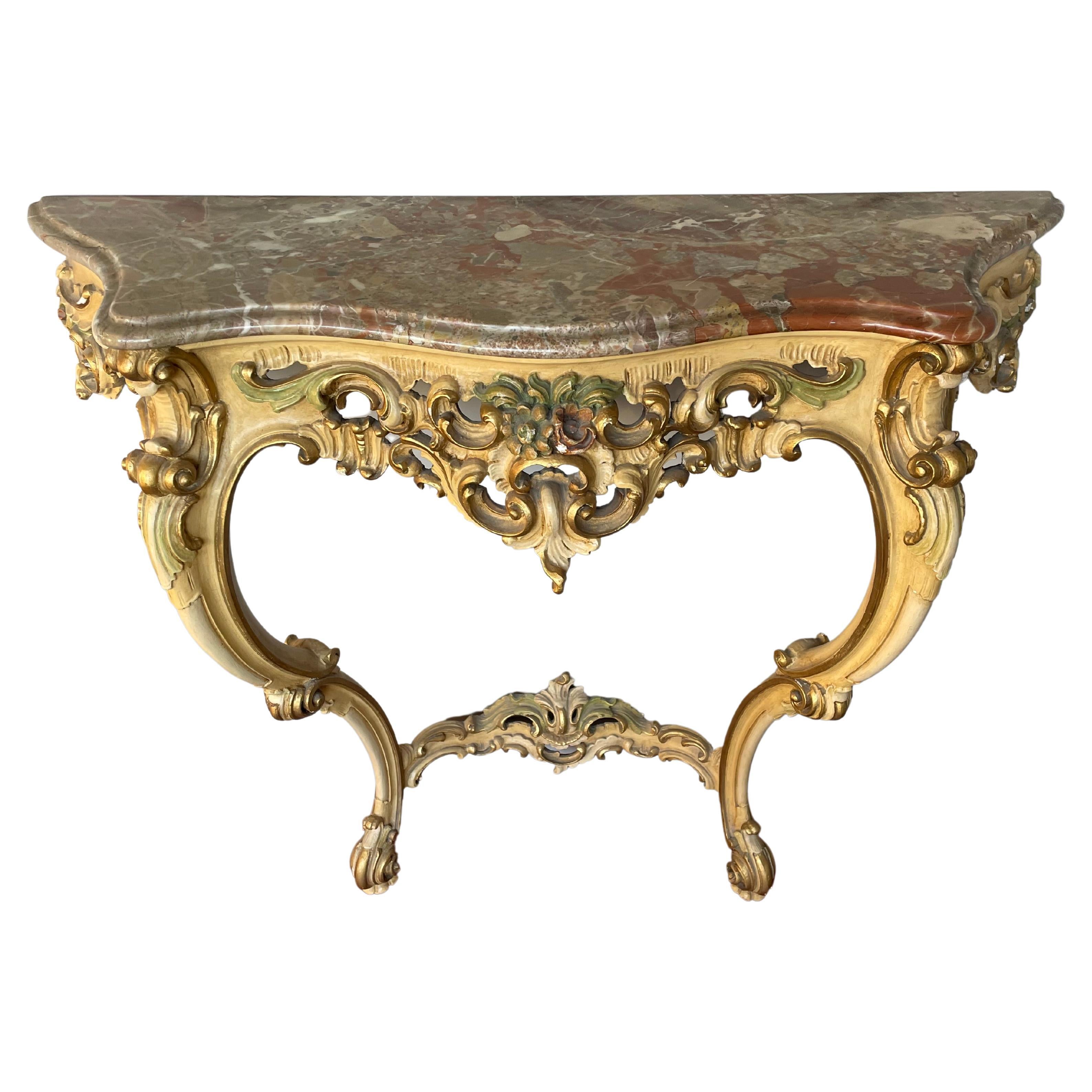 Quality Carved Wooden Side Table w. Painted Floral Sculptures & Mint Marble Top For Sale