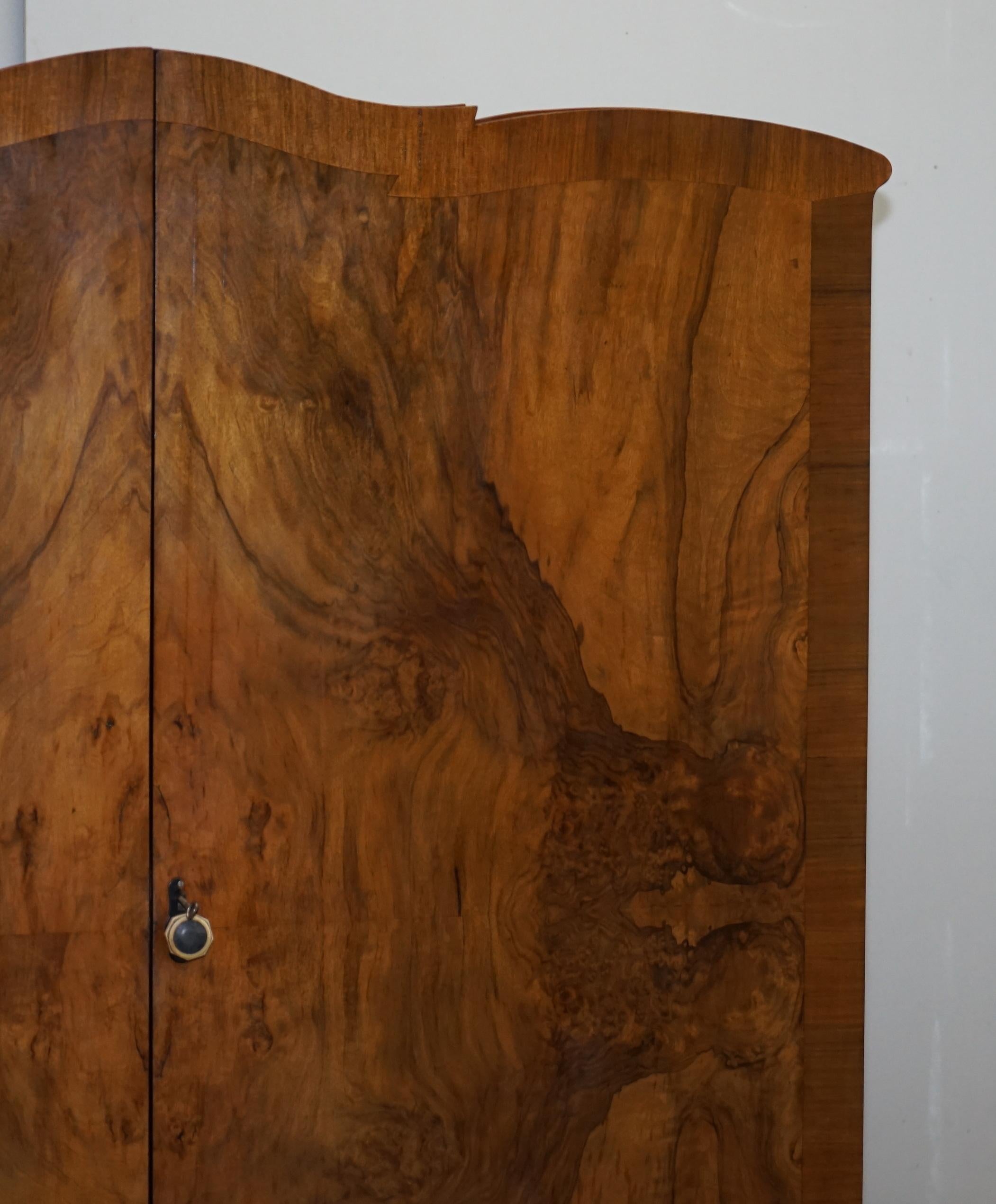 Hand-Crafted Stunning Vintage 1940's Burr Walnut Double Bank Wardrobe & Mirror Part of Suite