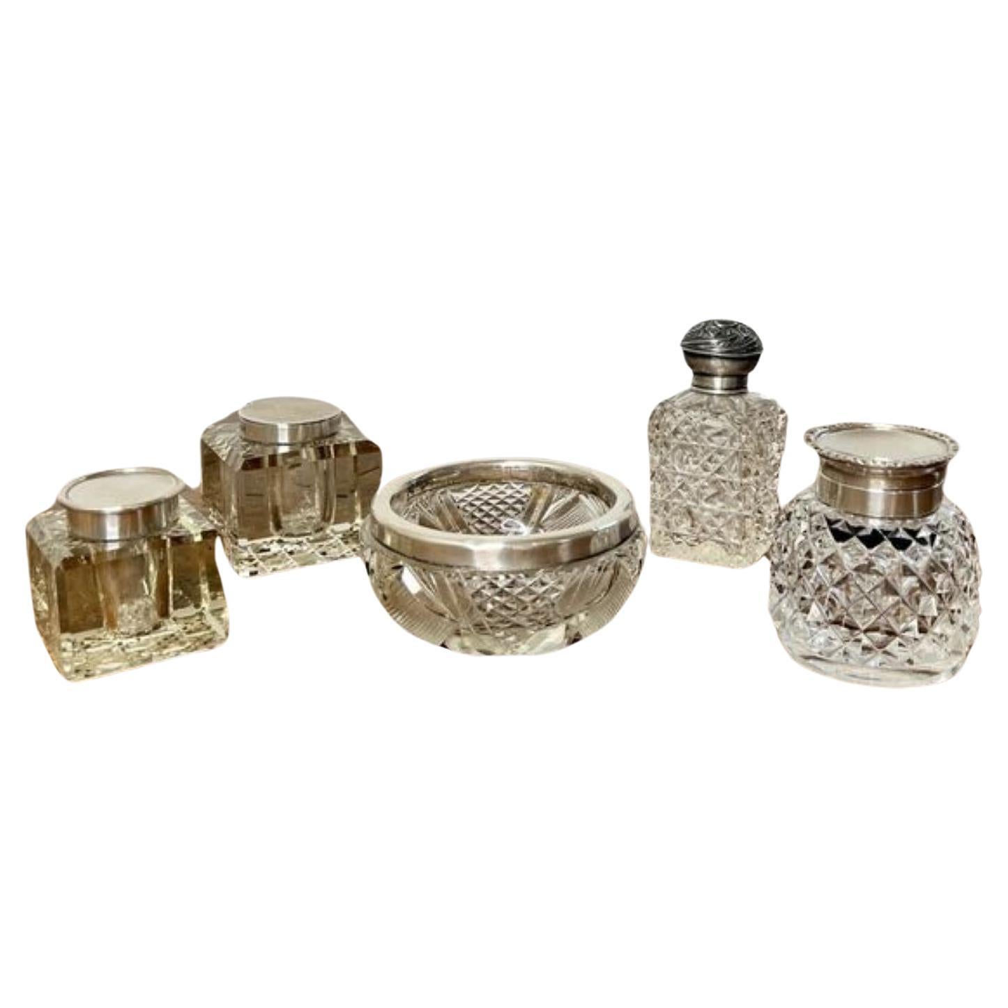 Quality collection of antique glass and silver mounted accessories For Sale