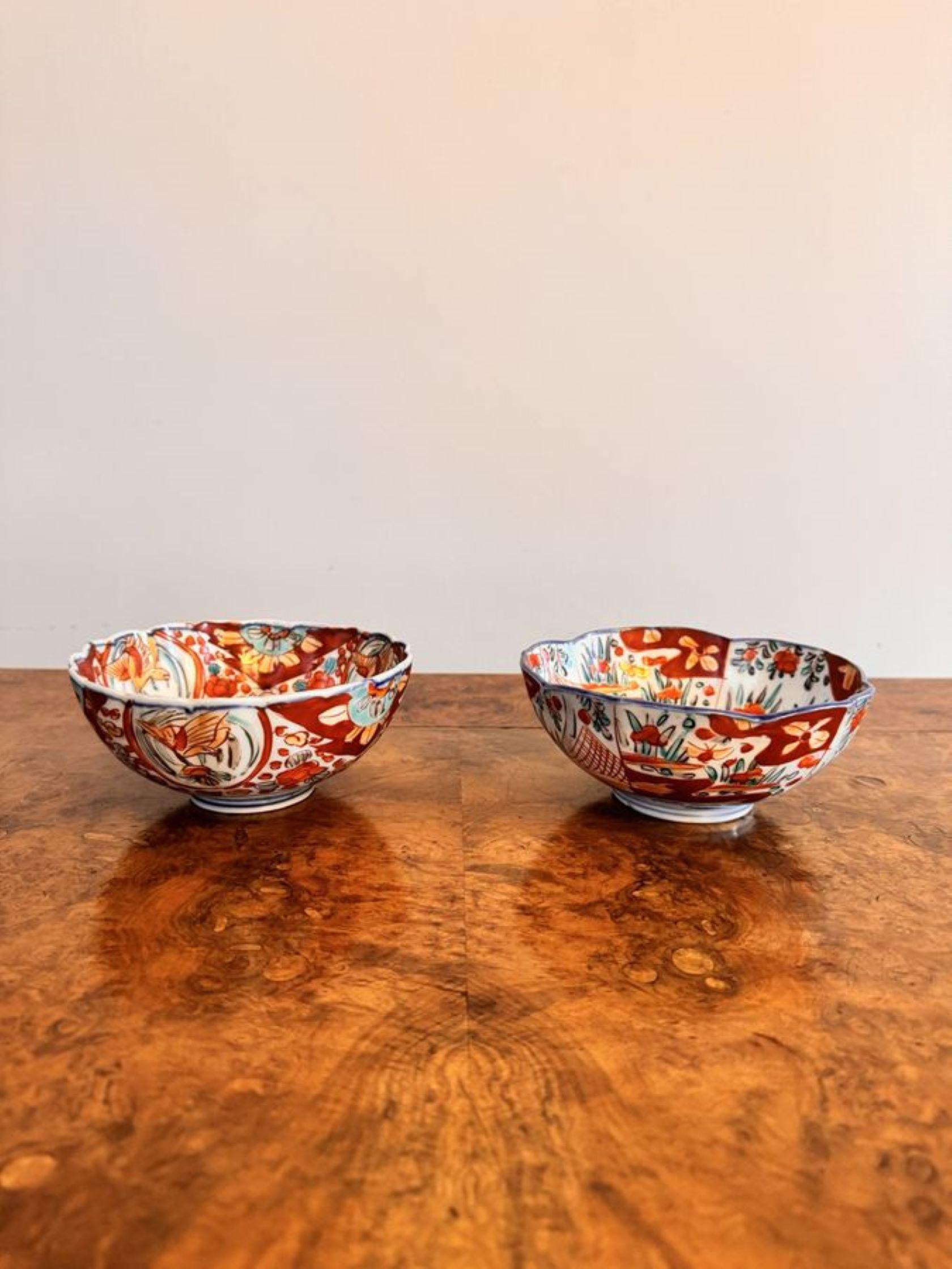 Quality collection of five antique Japanese imari bowls having five antique Japanese imari bowls all with lovely individual patterns decorated with flowers, trees, leaves, birds, fish and scrolls hand painted in wonderful red, blue, green, and white