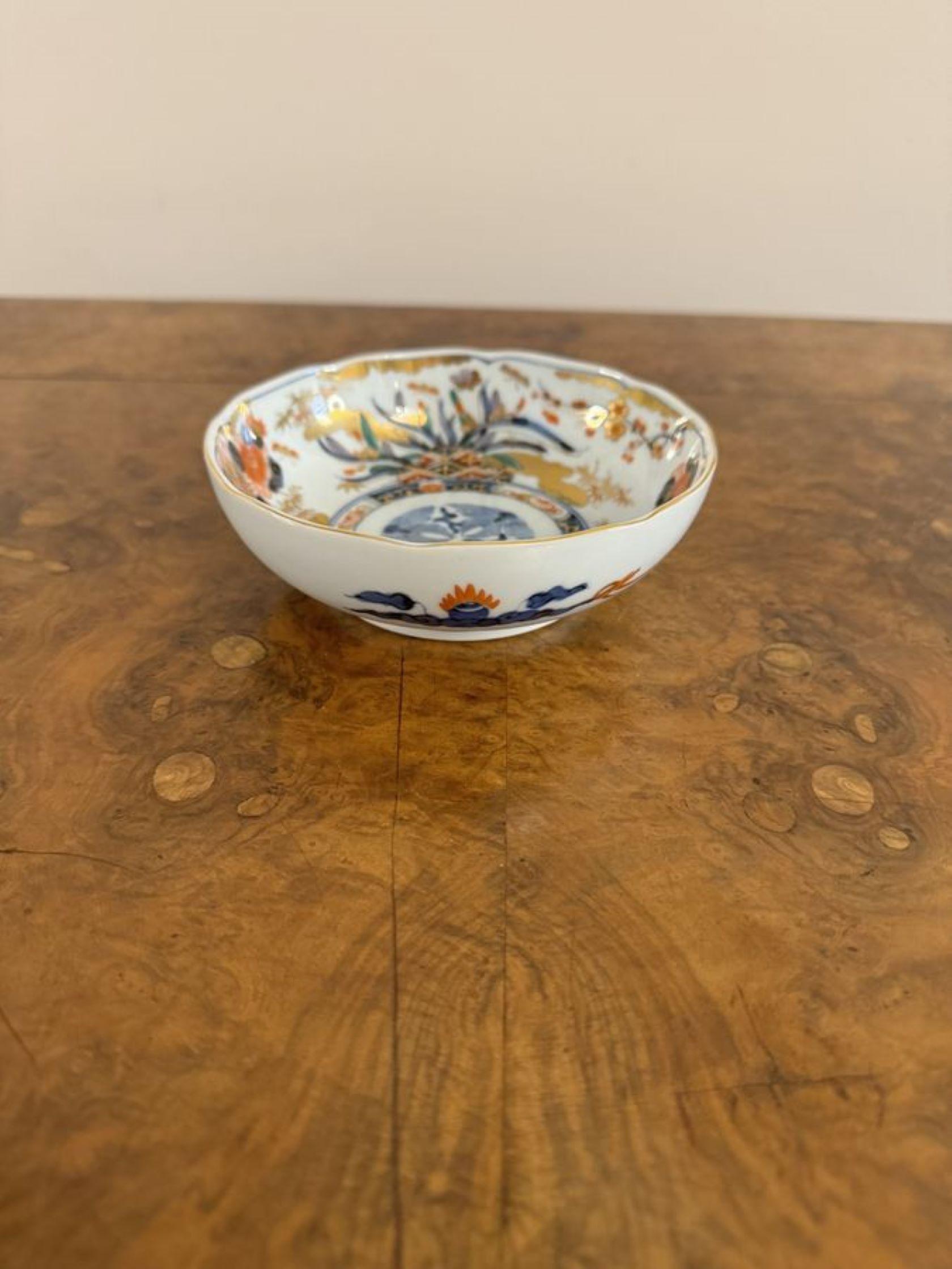 Quality collection of three unusual antique imari bowls, having a quality collection of three antique imari bowls varying in shapes, hand painted with fantastic patterns in wonderful gold, green, blue, red and white colours. 
Perfect condition as