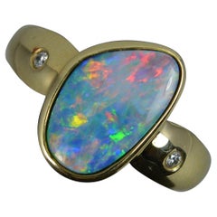 Quality Colourful Opal Doublet and Diamond 14ct Gold Ring