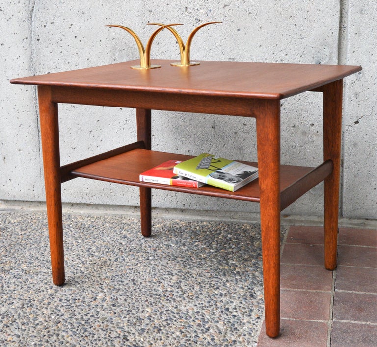Quality Danish Side Table, Slim Teak Top and Shelf, Solid Oak Contoured Base at 1stDibs