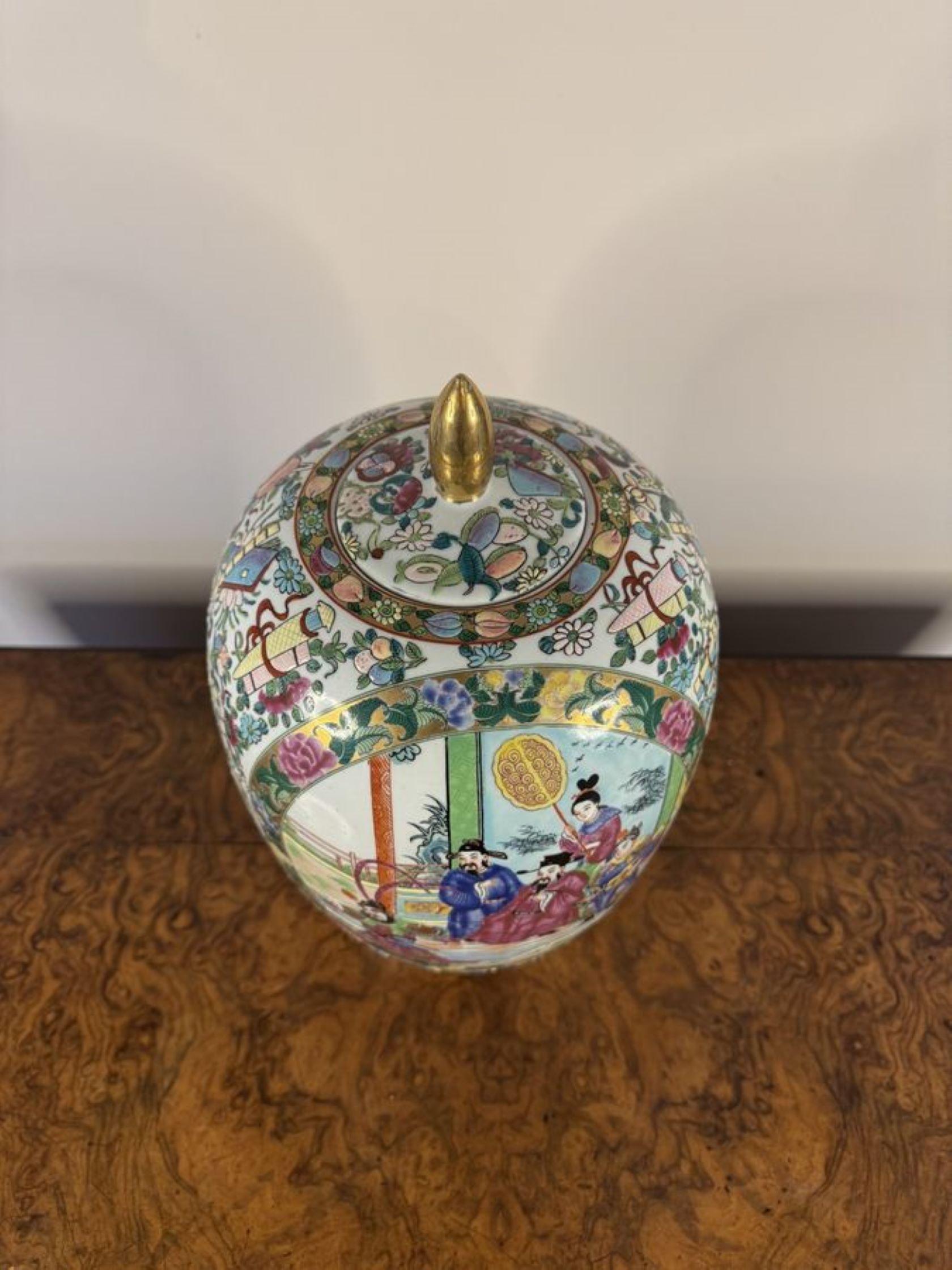 Quality early 20th Century Chinese famille rose vase and cover, having a quality antique Chinese famille rose vase and cover decorated with court scenes, flowers and symbols in stunning red, blue, pink, green, yellow, gold and white colours. 

D.