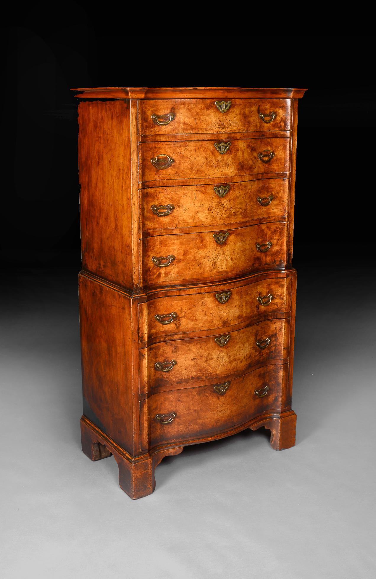 English Quality Early 20th Century Walnut Serpentine Chest on Chest