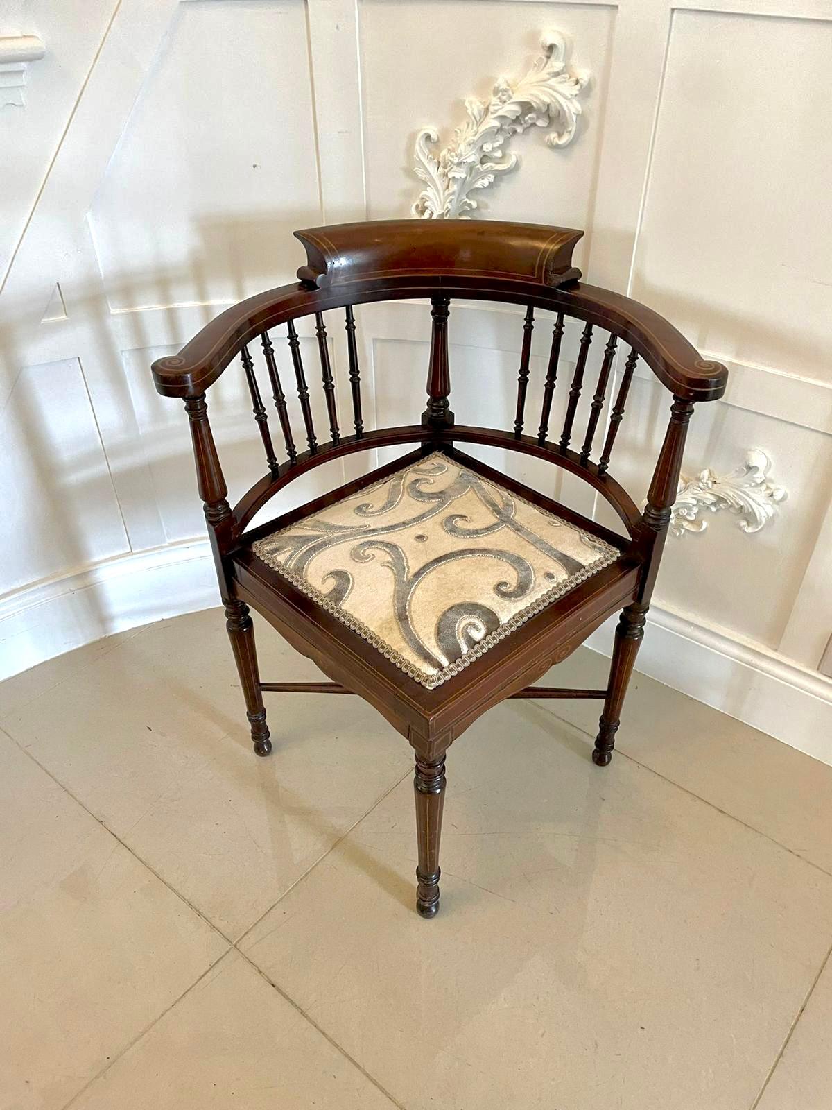 20th Century Quality Edwardian Mahogany Inlaid Corner Chair For Sale